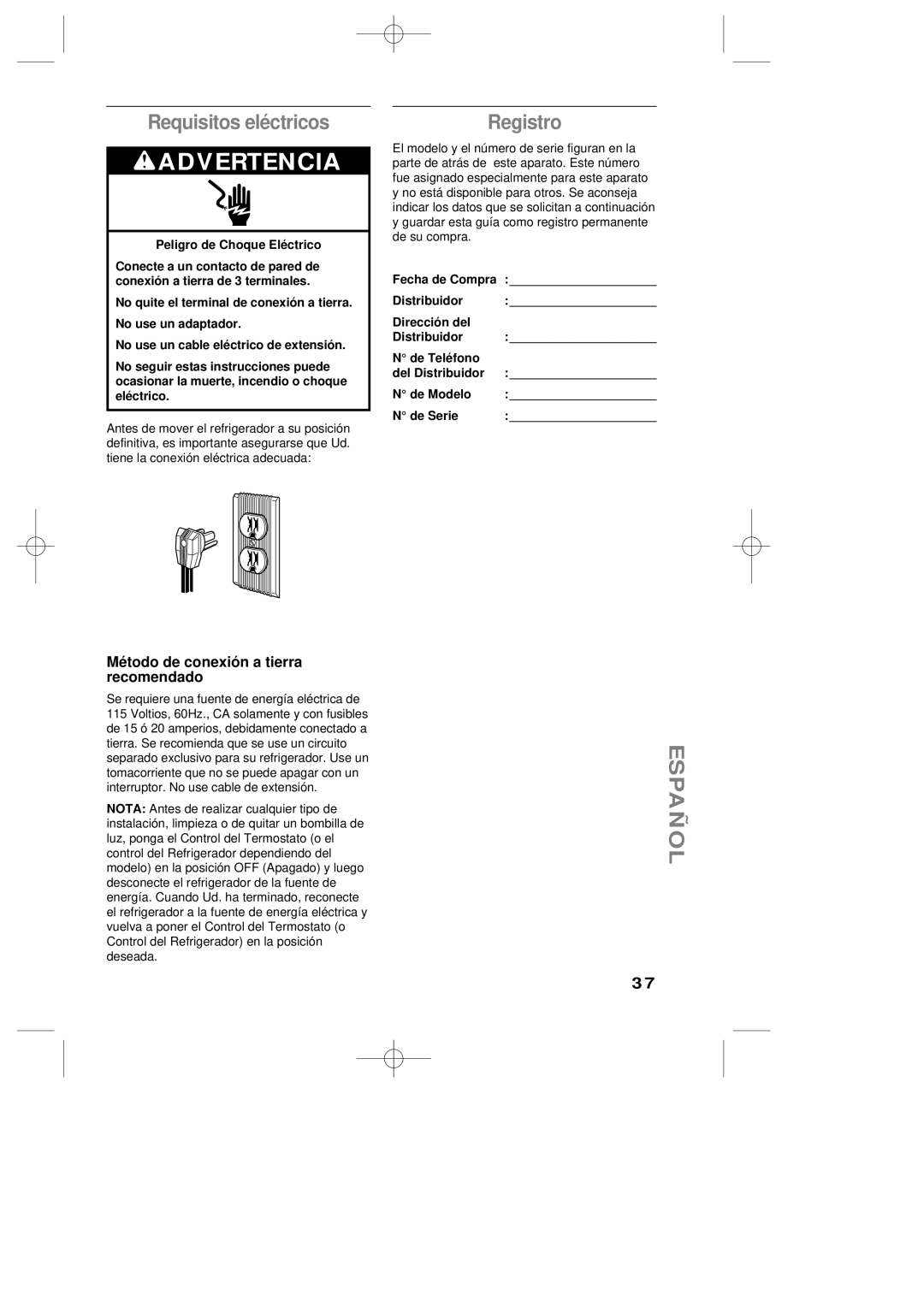 LG Electronics LRBP1031NI, LRBP1031W manual Requisitos eléctricos, Registro, Método de conexión a tierra recomendado 