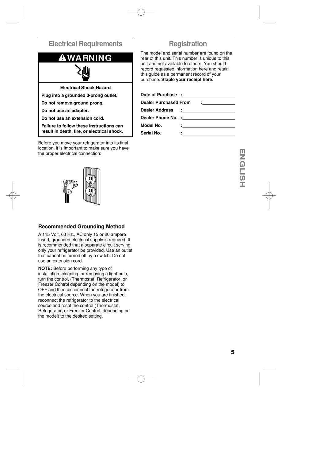 LG Electronics LRBP1031NI manual Electrical Requirements, Registration, Recommended Grounding Method, Model No Serial No 