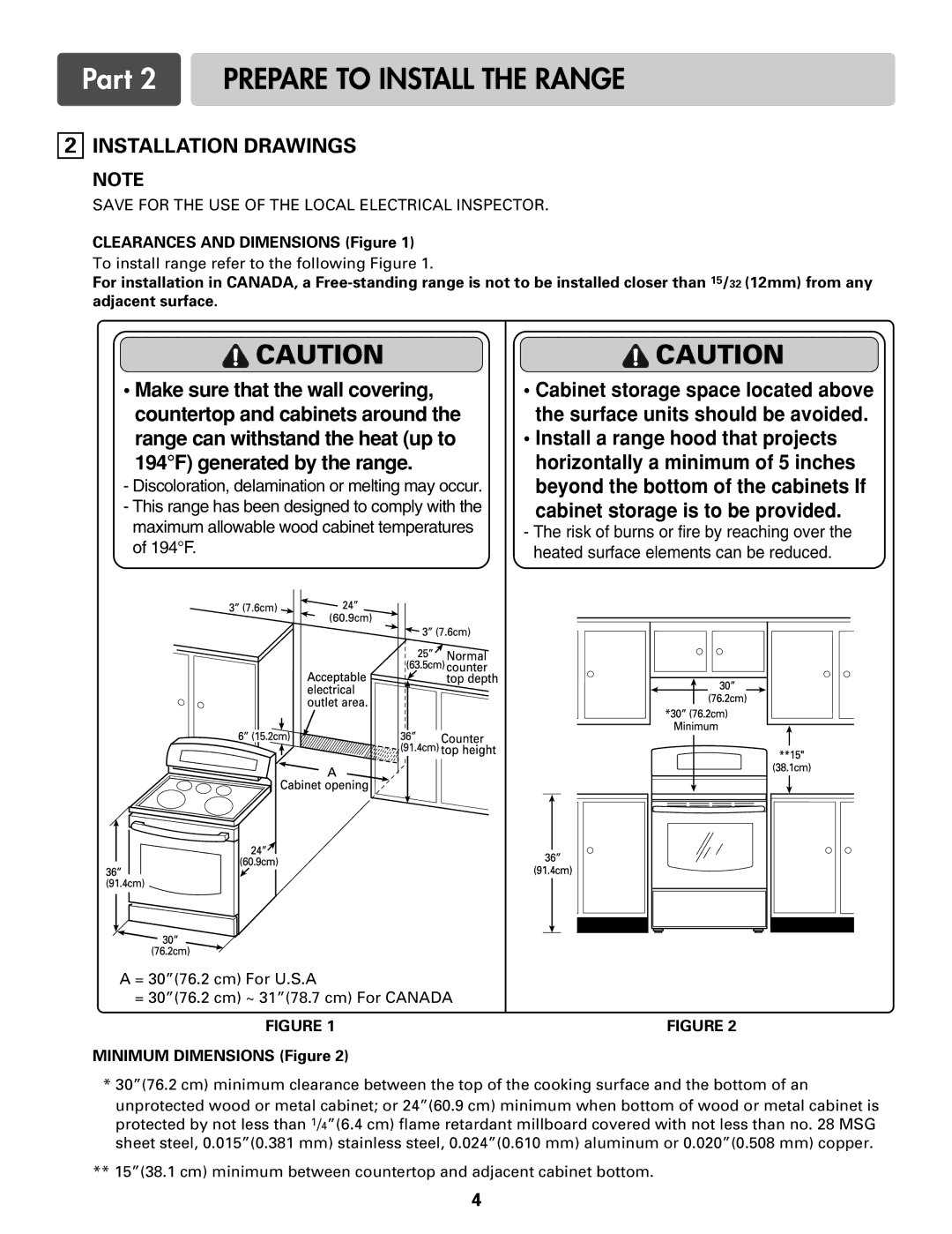 LG Electronics LRE3012S Part 2 Prepare to Install the Range, Installation Drawings, Clearances and Dimensions Figure 