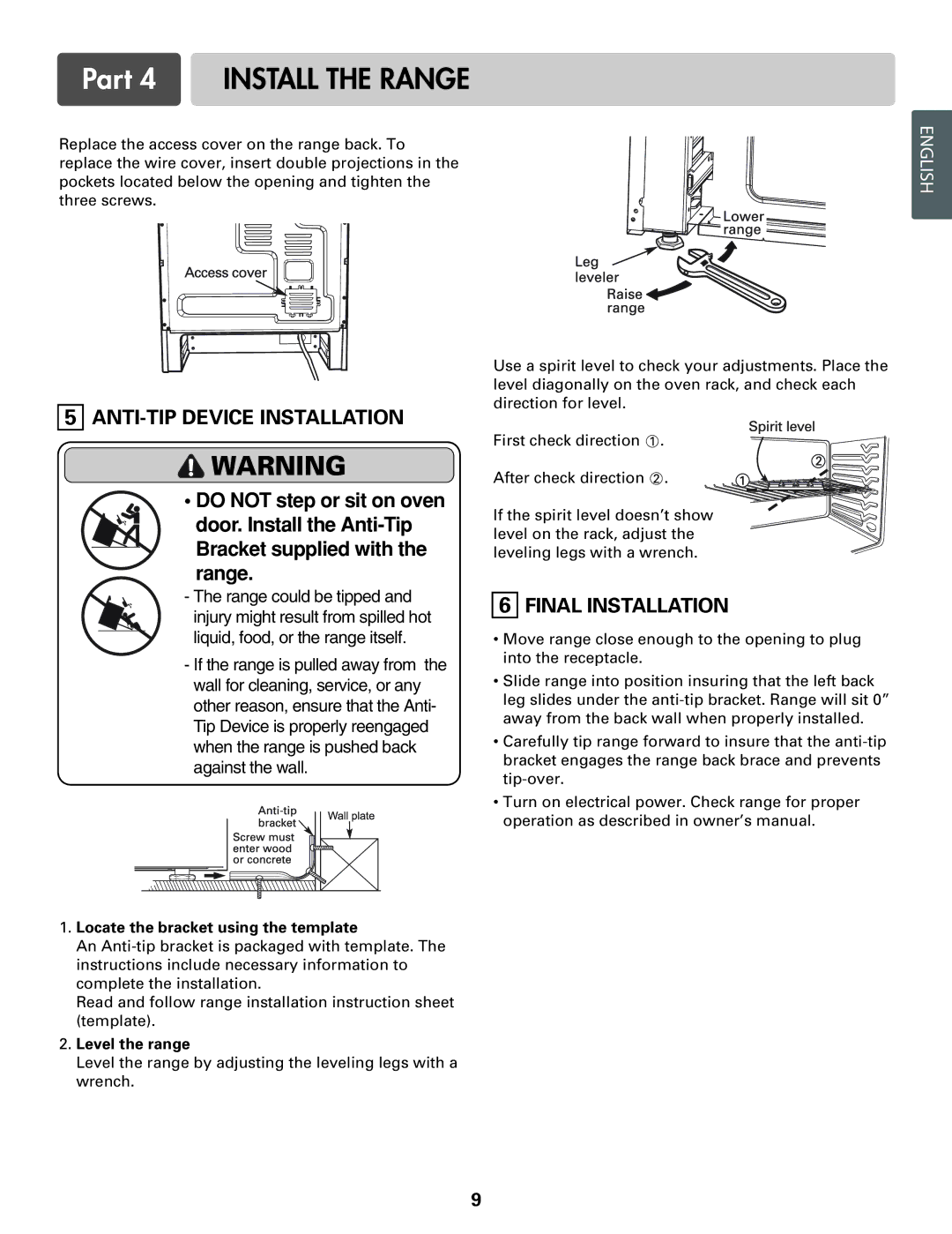 LG Electronics LRE3012S Part 4 Install the Range, ANTI-TIP Device Installation, Final Installation, Level the range 