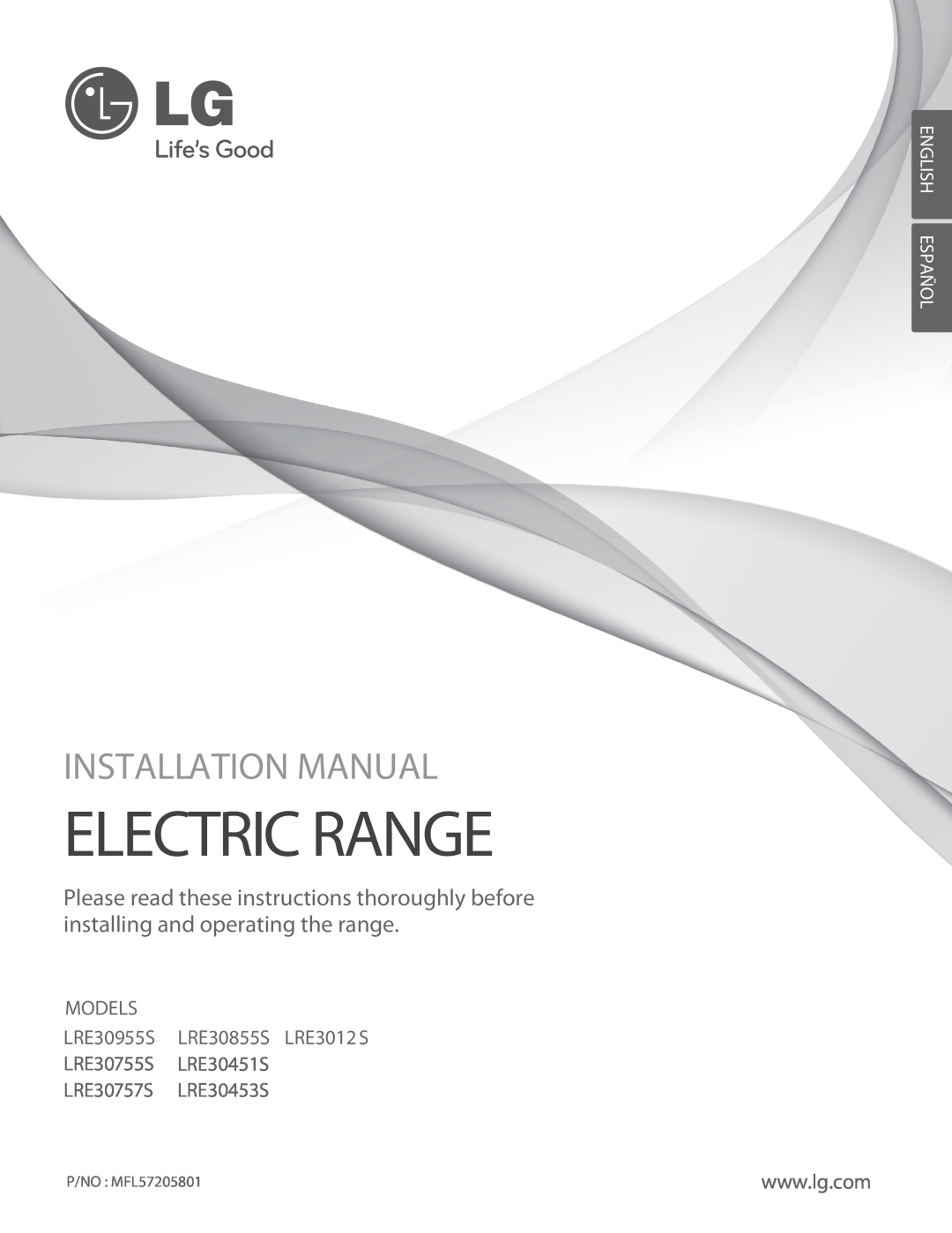 LG Electronics LRE3012S installation manual Electric Range, Installation Manual, LRE30757S LRE30453S, English Español 