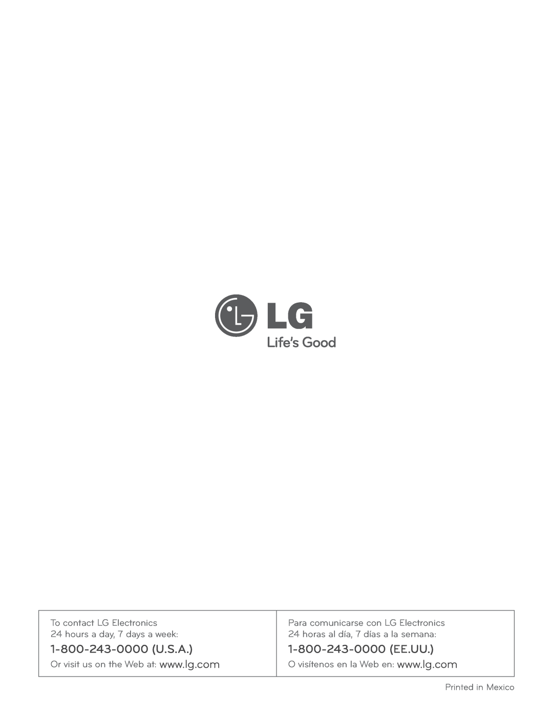 LG Electronics LRE3012S To contact LG Electronics 24 hours a day, 7 days a week, Para comunicarse con LG Electronics 