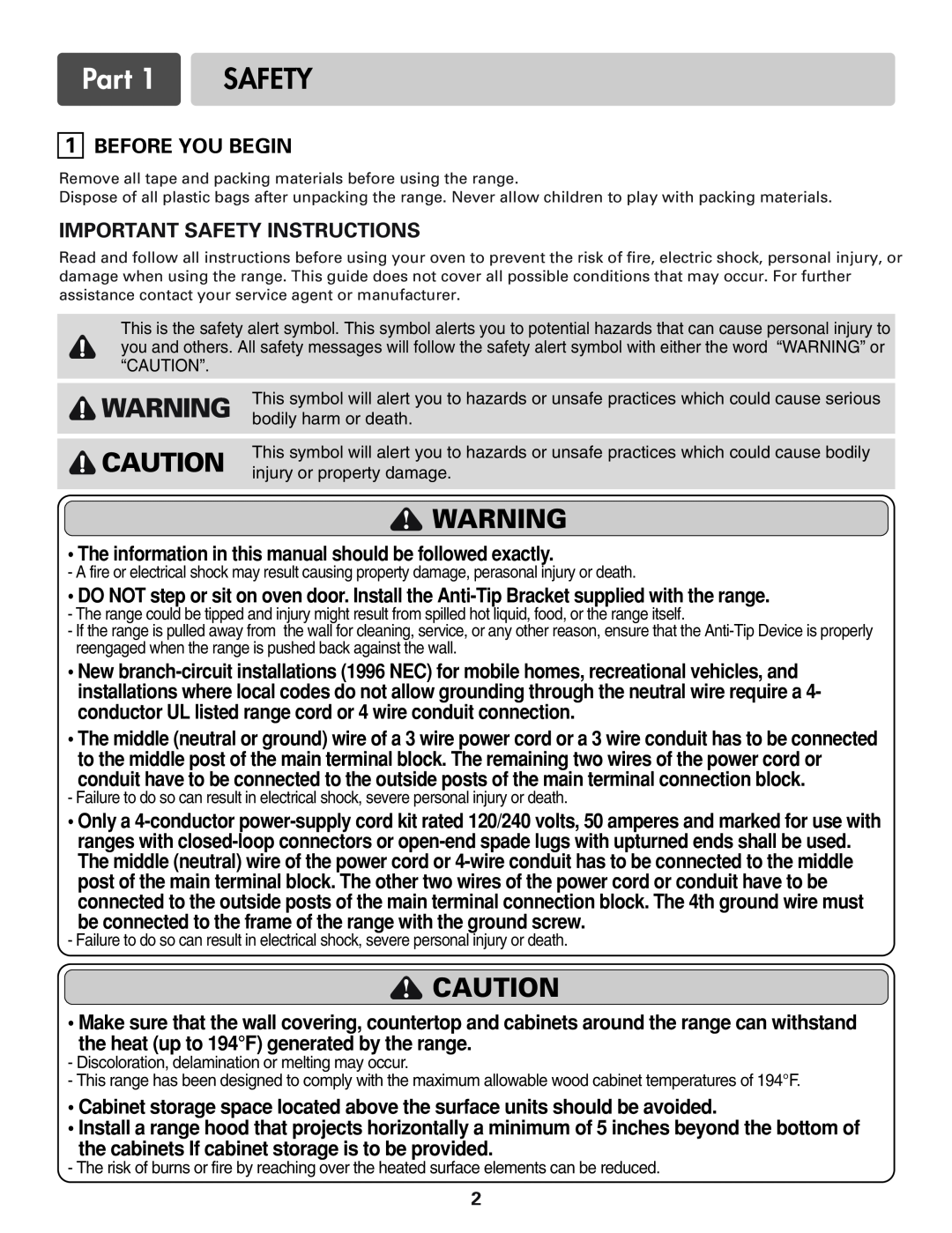 LG Electronics LRE3012S installation manual Part, Before You Begin, Important Safety Instructions 