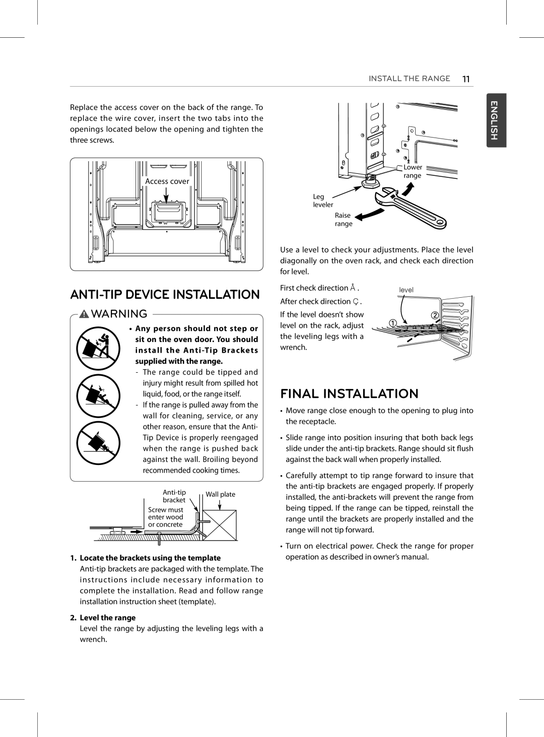 LG Electronics LRE3025ST, LRE3025SB, LRE3025SW, LRE3023SB, LRE3023ST Final Installation, ANTI-TIP Device Installation 