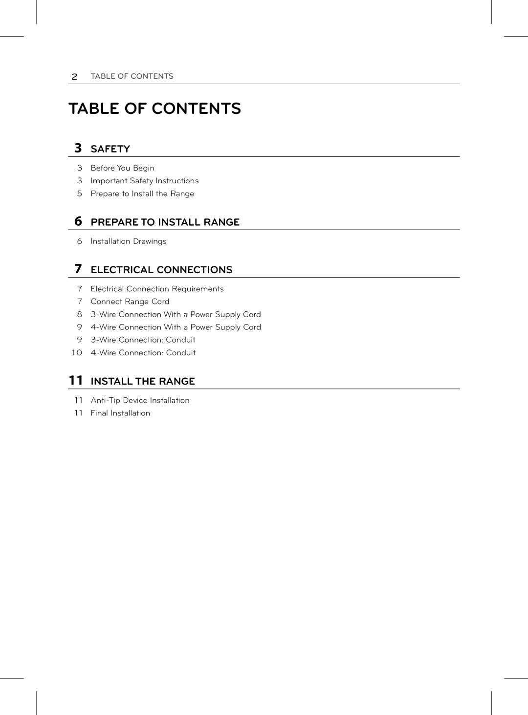 LG Electronics LRE3023SB, LRE3025SB, LRE3025SW, LRE3023ST, LRE3023SW, LRE3025ST installation manual Table of Contents 