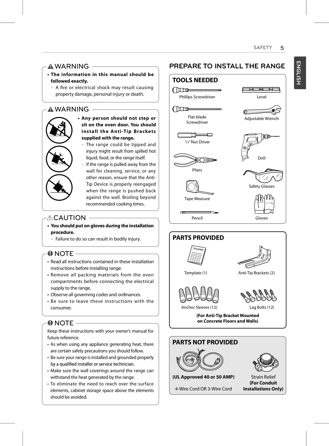 LG Electronics LRE3025ST, LRE3025SB, LRE3025SW, LRE3023SB, LRE3023ST, LRE3023SW installation manual Prepare to Install the Range 