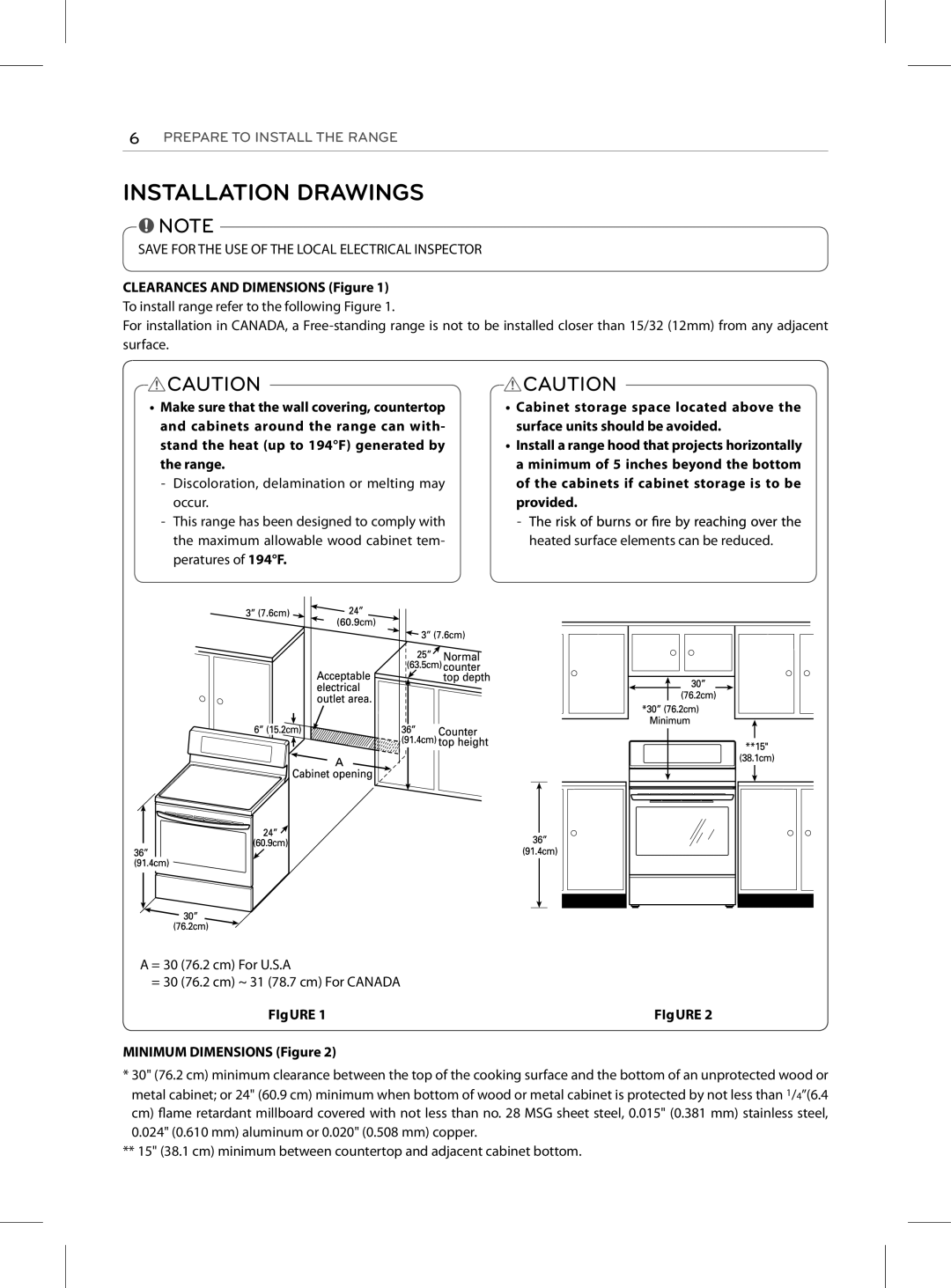 LG Electronics LRE3025SB, LRE3025SW, LRE3023SB Installation Drawings, Save for the USE of the Local Electrical Inspector 