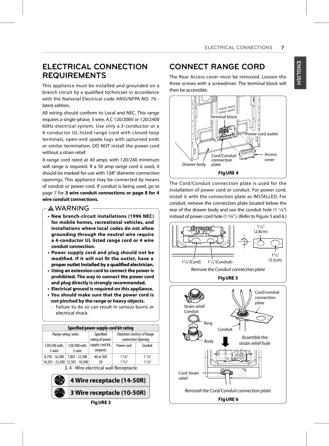 LG Electronics LRE3025SW, LRE3025SB, LRE3023SB, LRE3023ST, LRE3023SW Connect Range Cord, Electrical Connection Requirements 