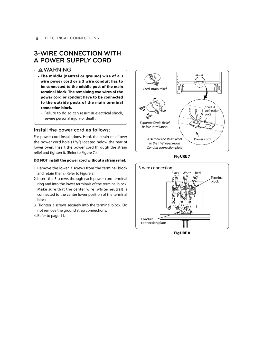 LG Electronics LRE3023SB, LRE3025SB, LRE3025SW Wire Connection with a Power Supply Cord, Install the power cord as follows 