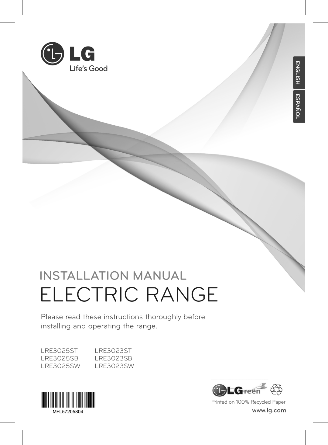LG Electronics LRE3025SW, LRE3025SB installation manual English Pes Añol, Printed on 100% Recycled Paper, Electric Range 