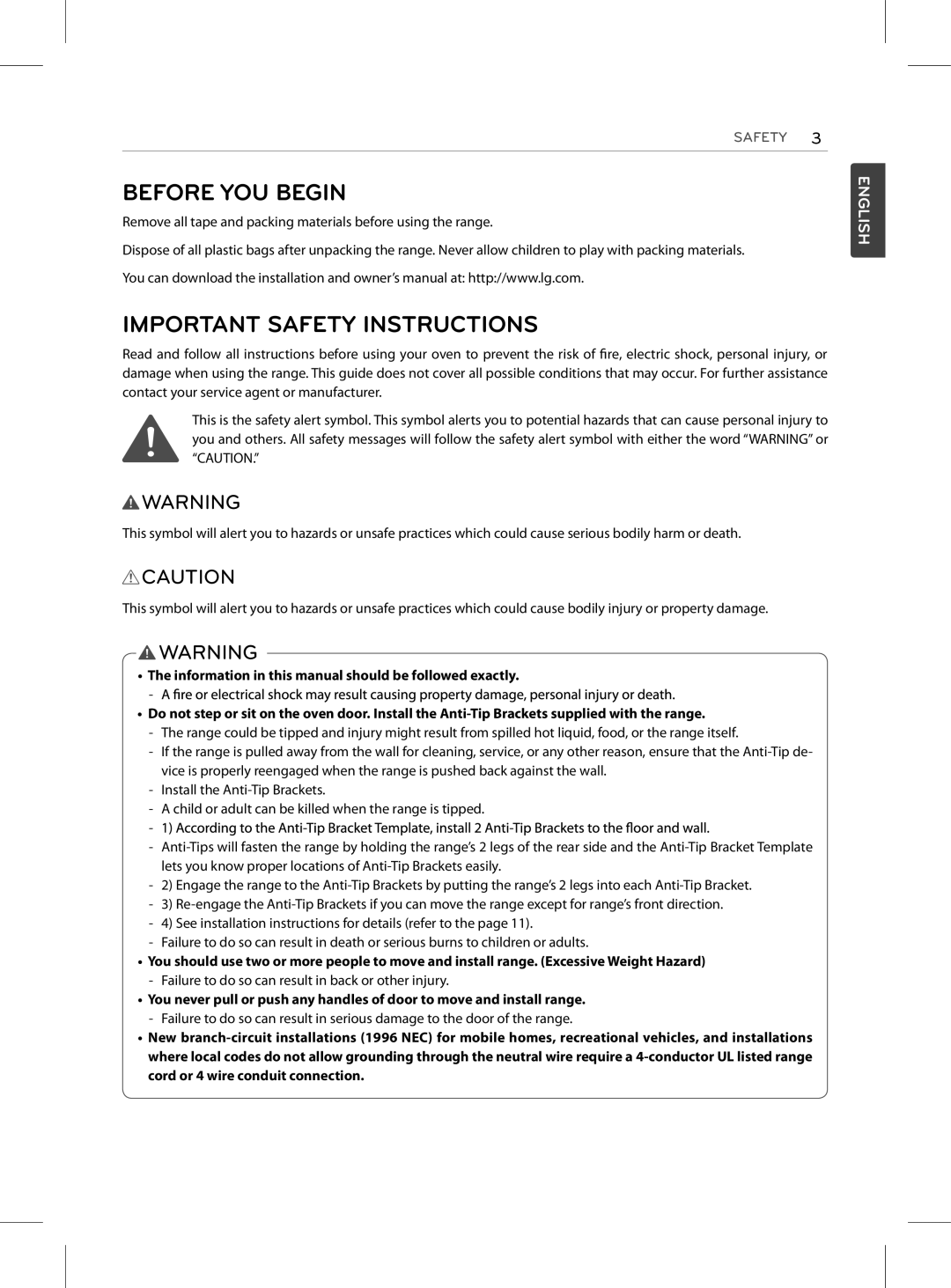 LG Electronics LRE3023ST, LRE3025SB, LRE3025SW, LRE3023SB, LRE3023SW Before You Begin, Important Safety Instructions, English 