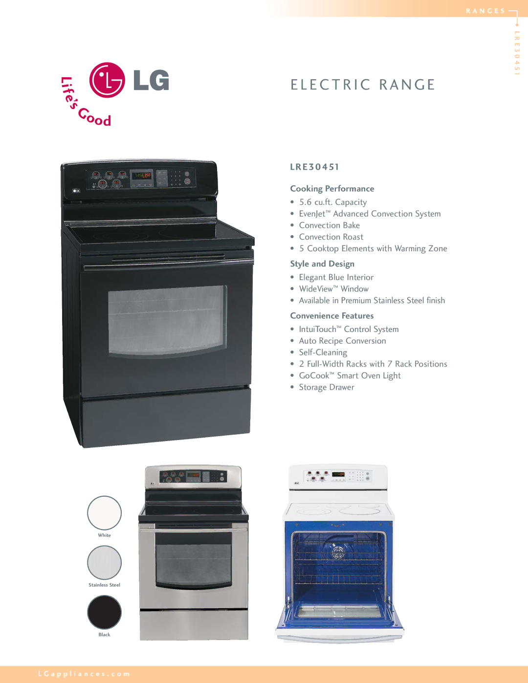 LG Electronics LRE30451 manual E 30, Cooking Performance, Style and Design, Convenience Features 