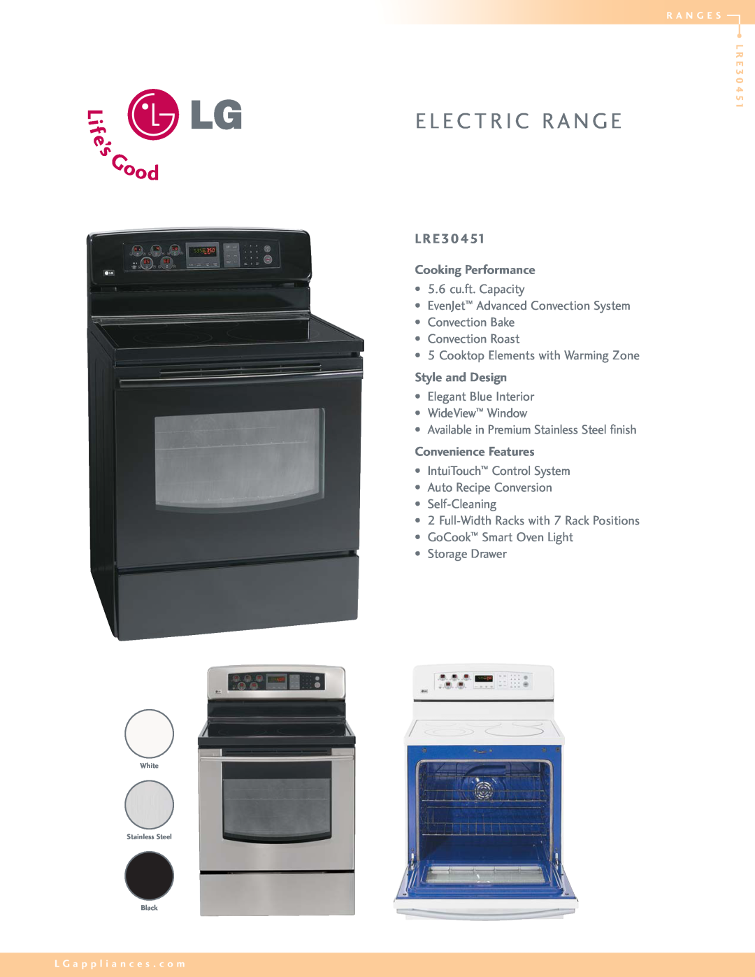 LG Electronics LRE30451 manual E L E C T R I C R A N G E, L R E, Cooking Performance, Style and Design 