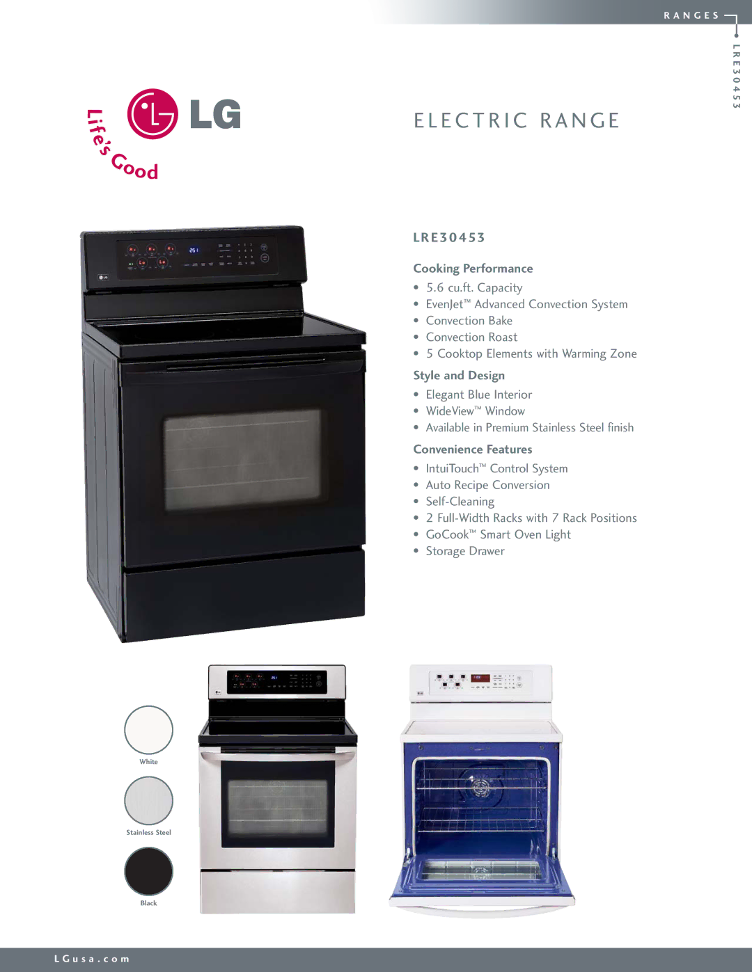 LG Electronics LRE30453 manual E 30, Cooking Performance, Style and Design, Convenience Features 