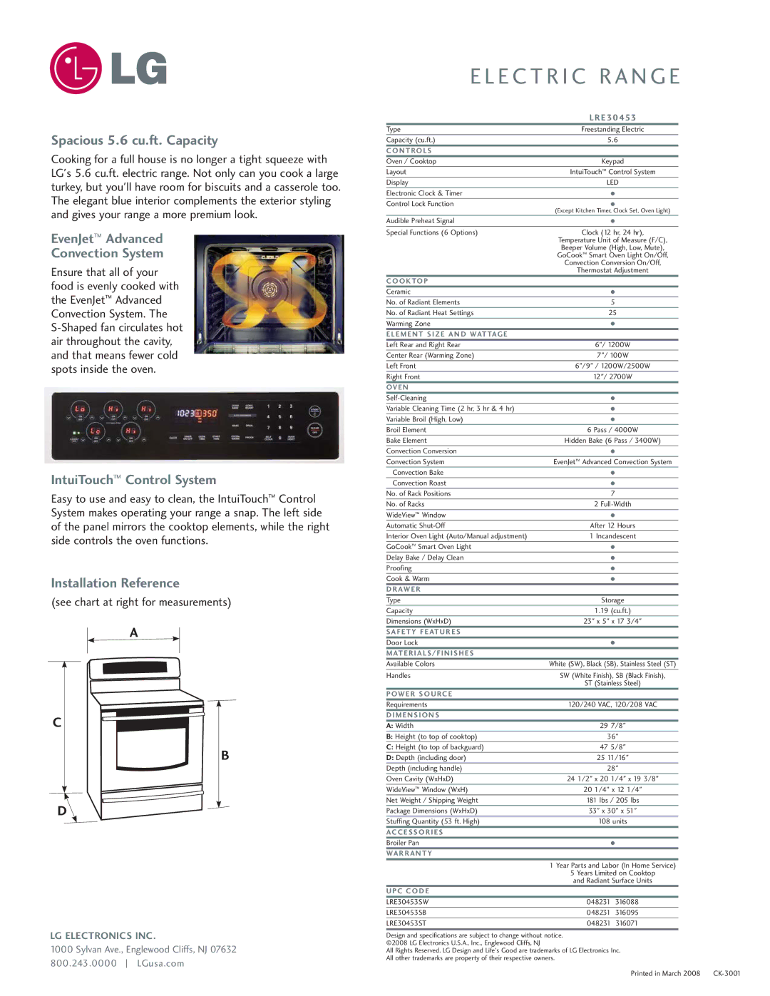 LG Electronics LRE30453 manual Spacious 5.6 cu.ft. Capacity, EvenJet Advanced Convection System, IntuiTouch Control System 