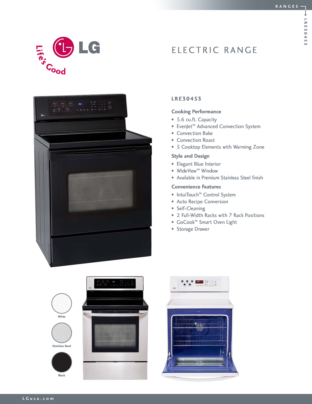LG Electronics LRE30453 manual L R E, E L E C T R I C R A N G E, Cooking Performance, Style and Design 