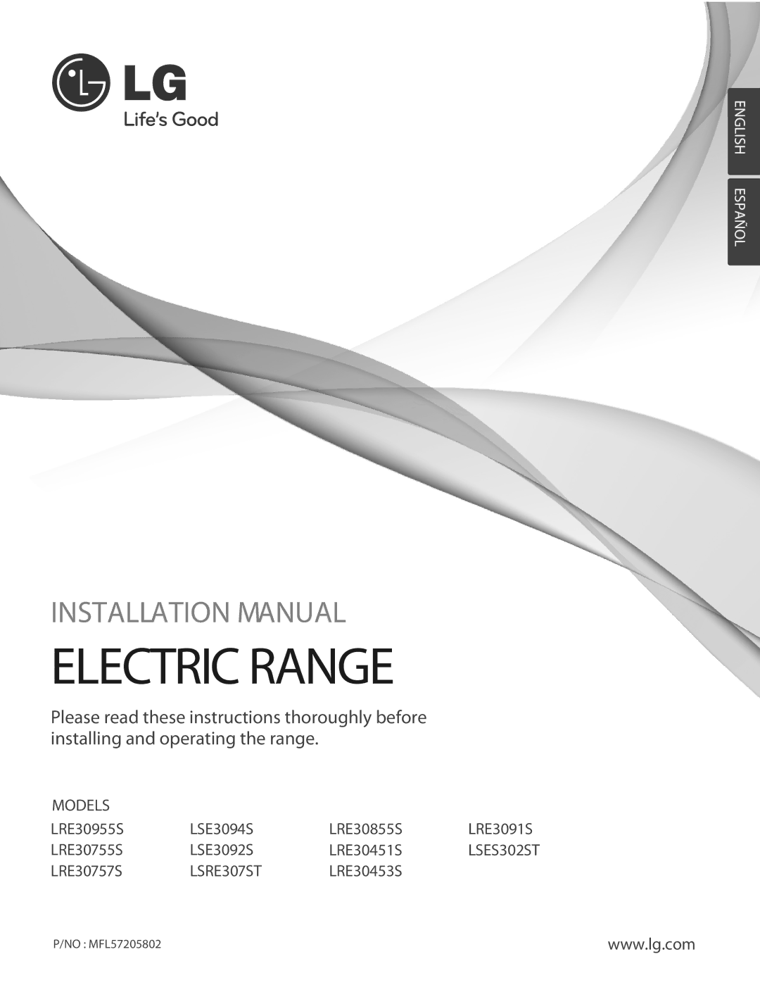 LG Electronics LRE3091S, LRE30453S, LRE30757S, LRE30955S, LRE30755S, LRE30451S, LRE30855S installation manual Electric Range 