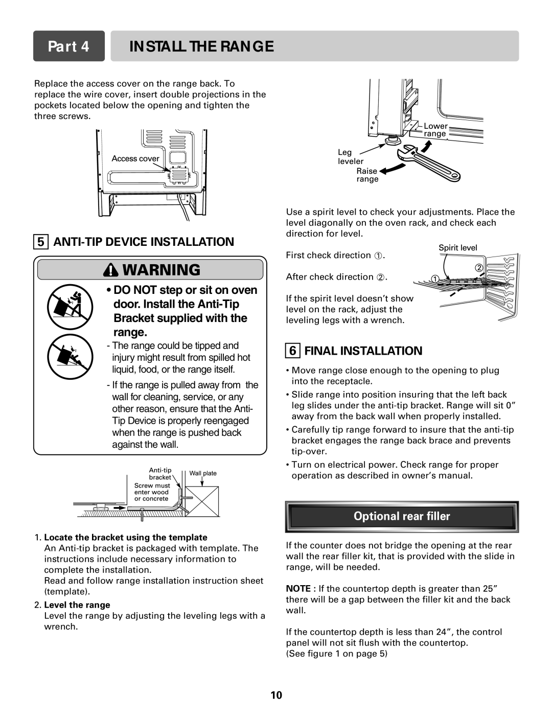 LG Electronics LSRE307ST Part 4 Install the Range, ANTI-TIP Device Installation, Final Installation, Optional rear filler 