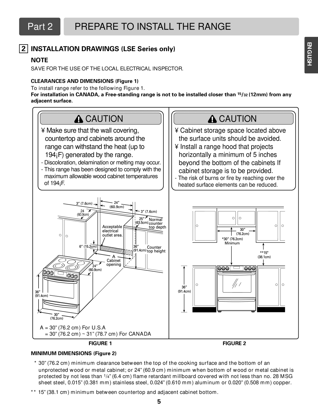 LG Electronics LRE30451S, LRE30453S, LRE3091S, LRE30757S, LRE30955S, LRE30755S, LRE30855S Installation Drawings LSE Series only 