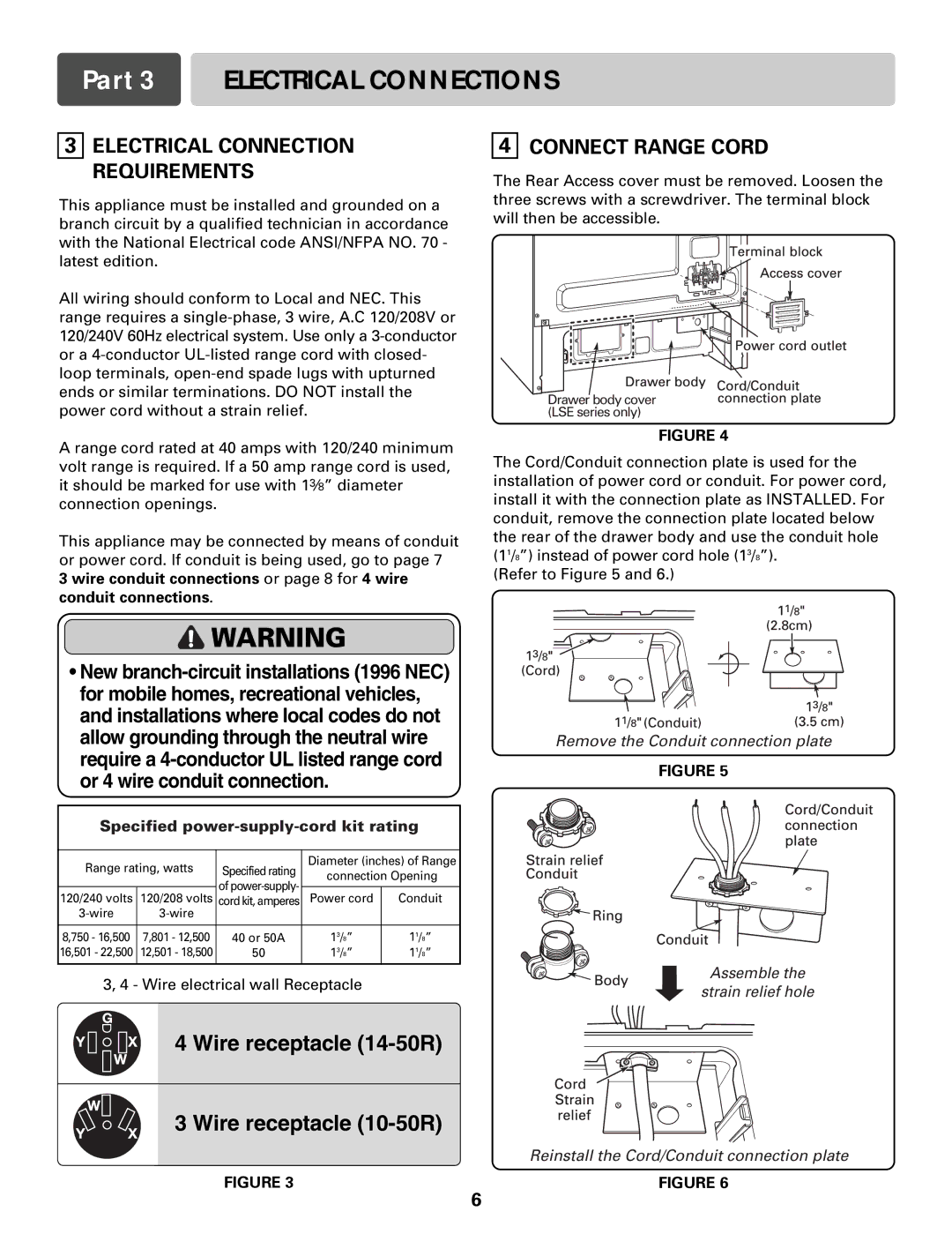 LG Electronics LRE30855S, LRE30453S Part 3 Electrical Connections, Electrical Connection Requirements, Connect Range Cord 