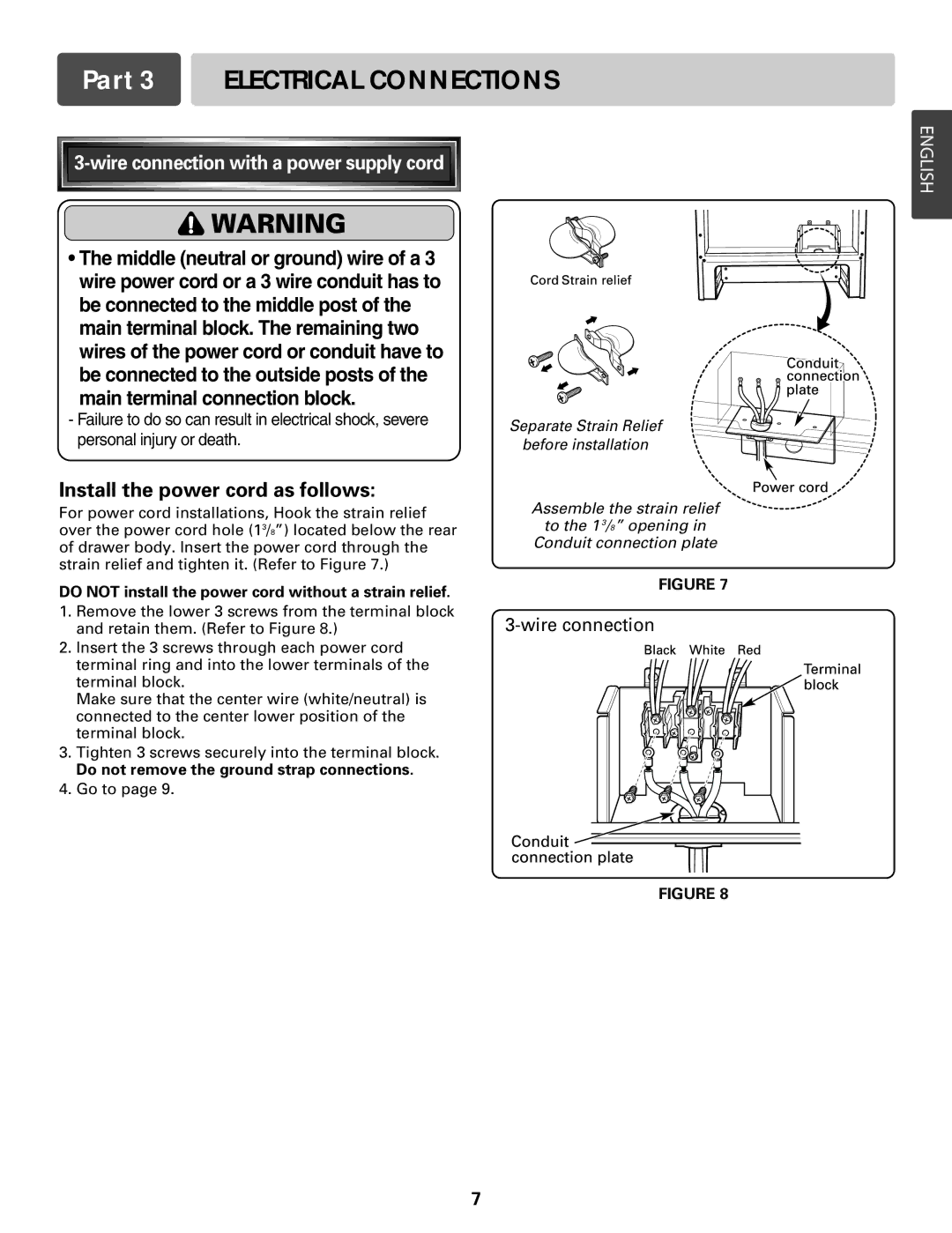 LG Electronics LSE3094S, LRE30453S, LRE3091S Wire connection with a power supply cord, Install the power cord as follows 