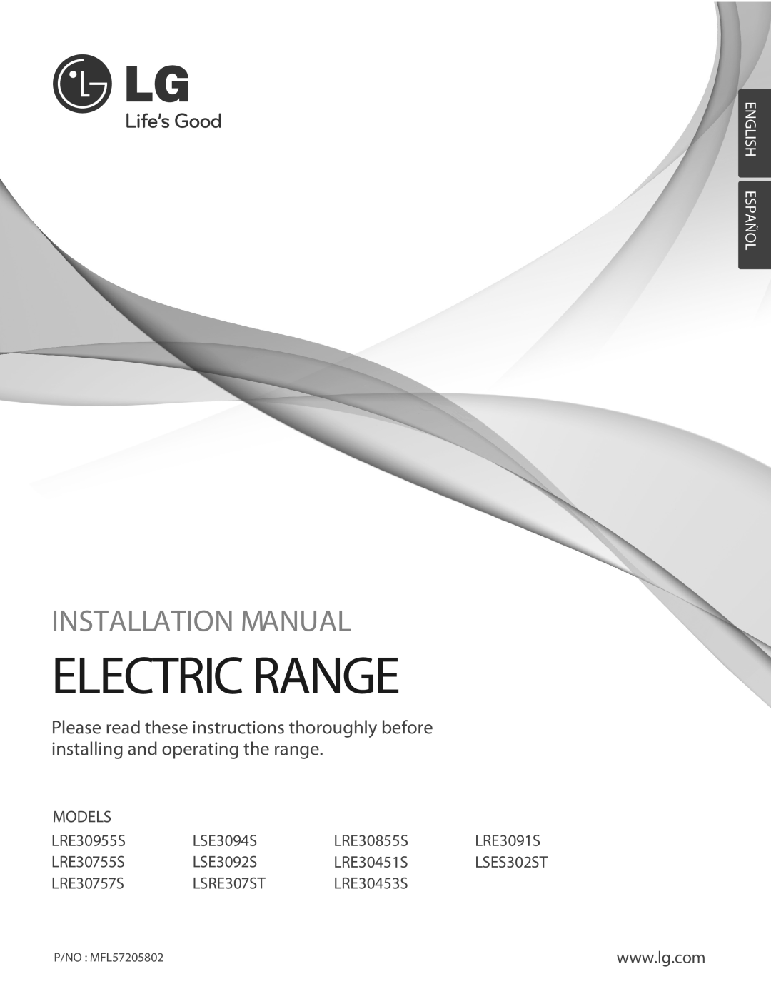 LG Electronics LRE3091S installation manual Electric Range, Installation Manual, Models, LRE30955S, LSE3094S, LRE30855S 
