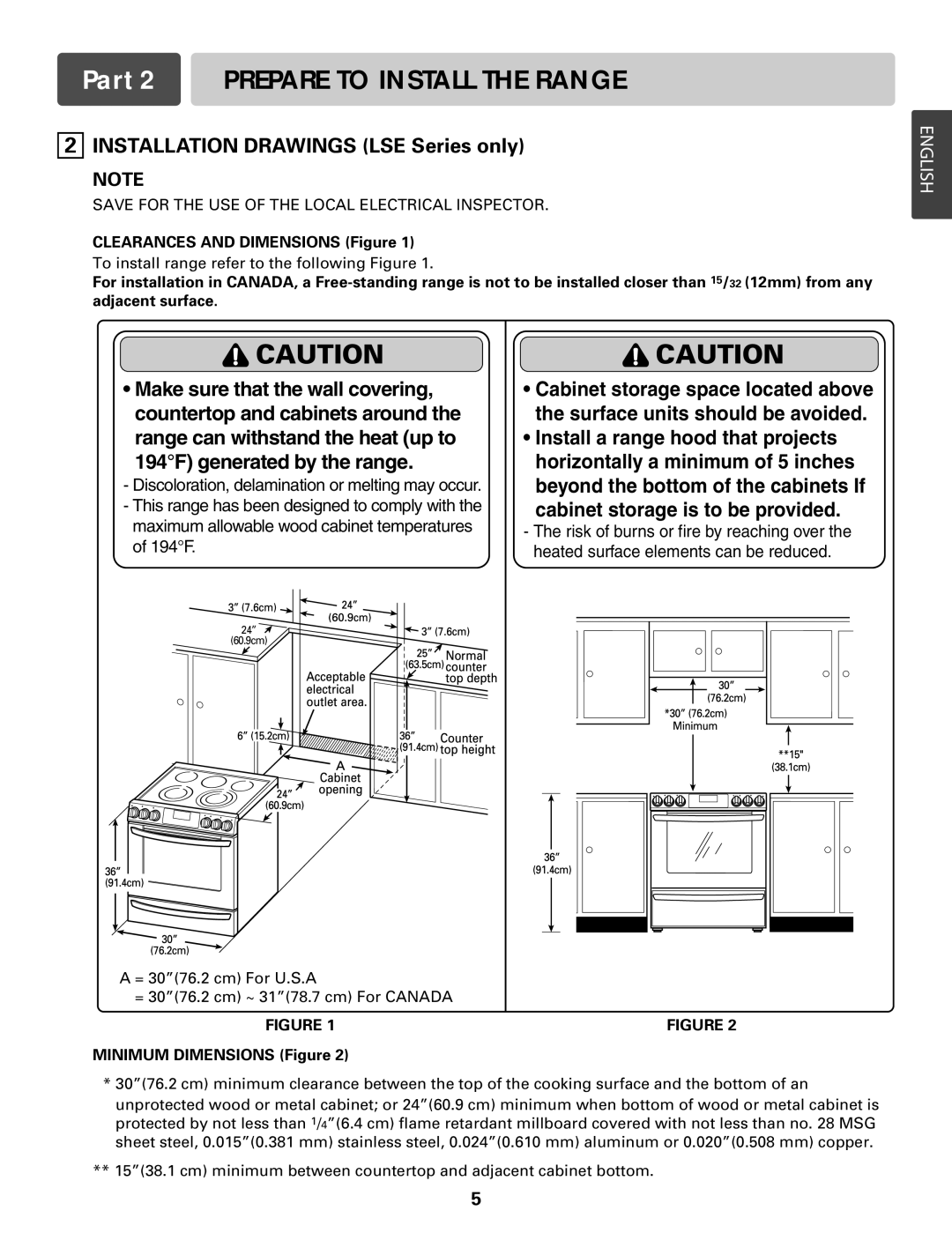 LG Electronics LRE30451S INSTALLATION DRAWINGS LSE Series only, Part 2 PREPARE TO INSTALL THE RANGE, Caution Caution 