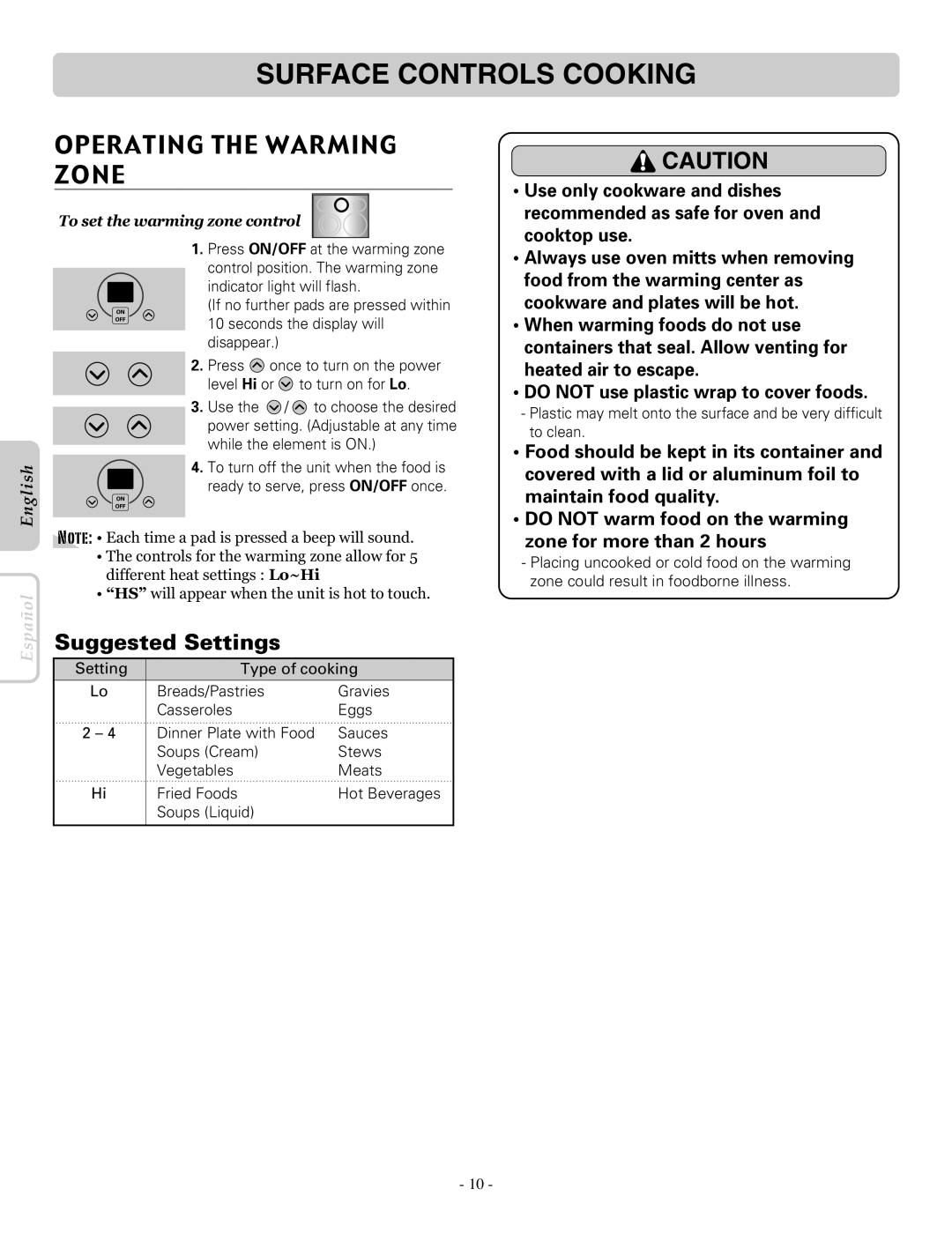 LG Electronics LRE30453ST, LRE30453SW Operating the Warming Zone, Suggested Settings, To set the warming zone control 