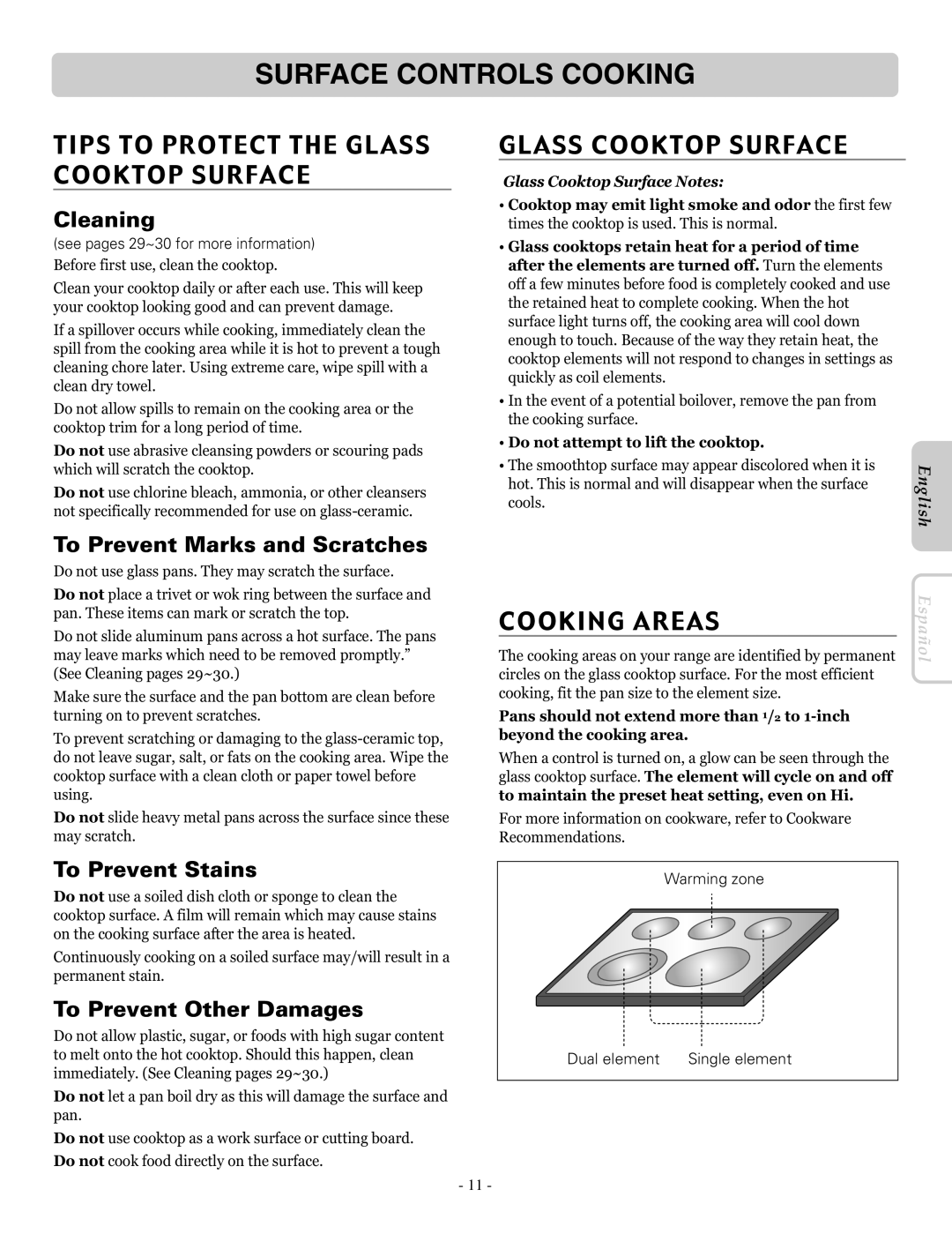 LG Electronics LRE30453SB, LRE30453SW, LRE30453ST owner manual Tips to Protect the Glass Cooktop Surface, Cooking Areas 