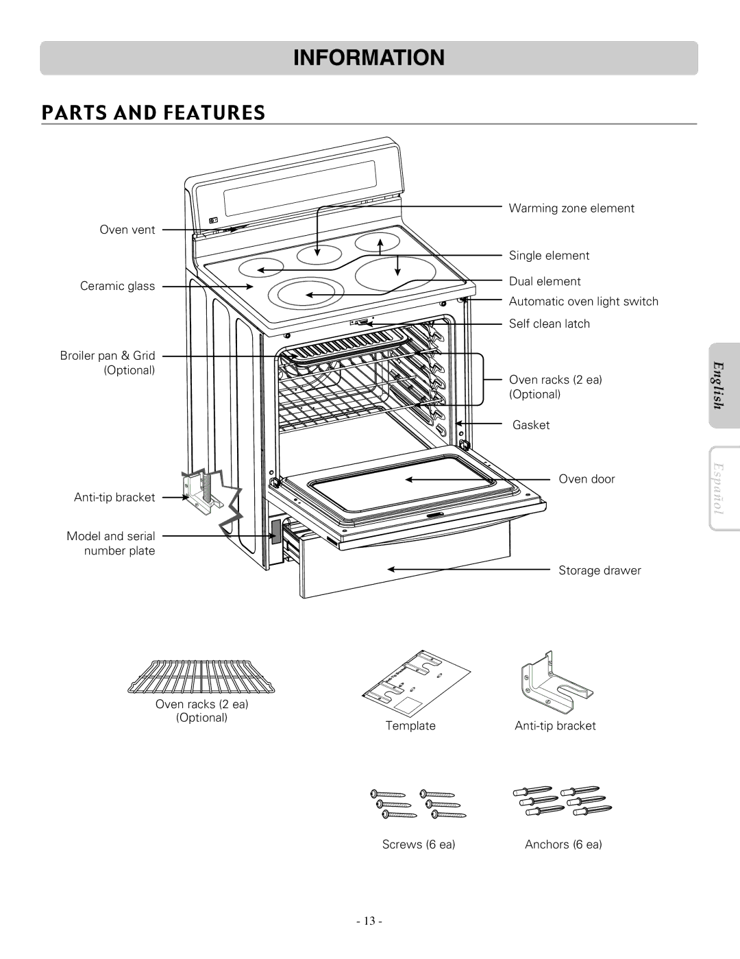 LG Electronics LRE30453ST, LRE30453SW, LRE30453SB owner manual Information, Parts and Features 