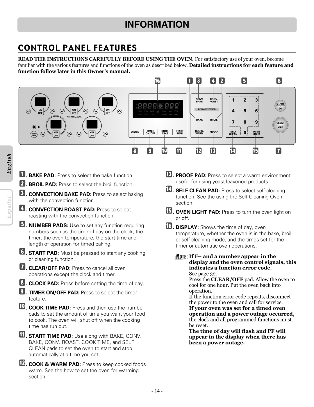 LG Electronics LRE30453SB, LRE30453SW, LRE30453ST Control Panel Features, Convection Bake PAD Press to select baking 