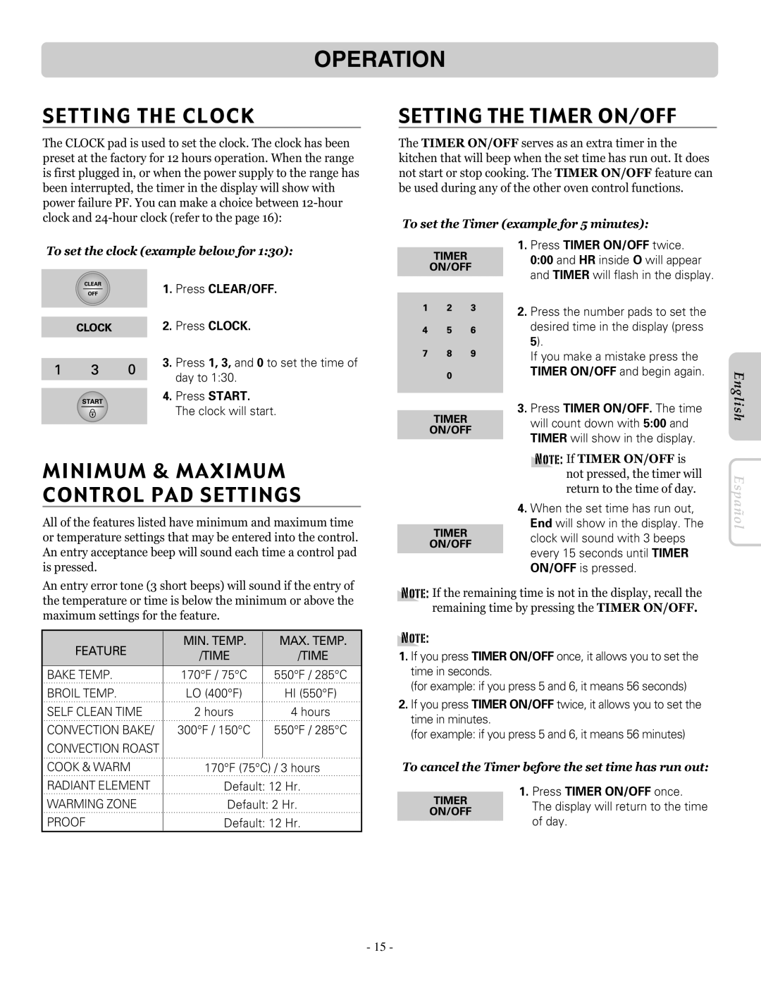 LG Electronics LRE30453SW Operation, Setting the Clock, Minimum & Maximum Control PAD Settings, Setting the Timer ON/OFF 