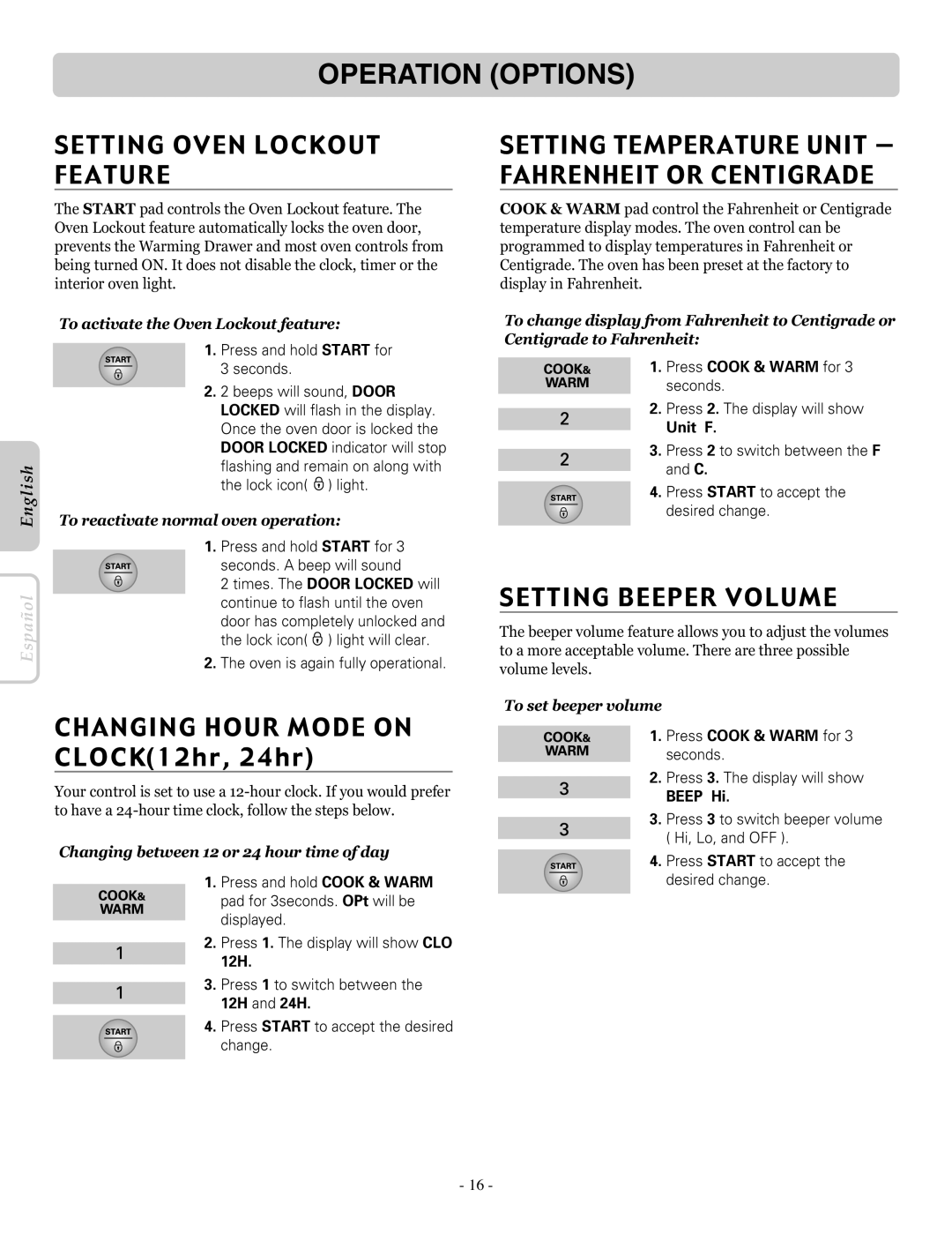 LG Electronics LRE30453ST, LRE30453SW, LRE30453SB Operation Options, Setting Oven Lockout Feature, Setting Beeper Volume 