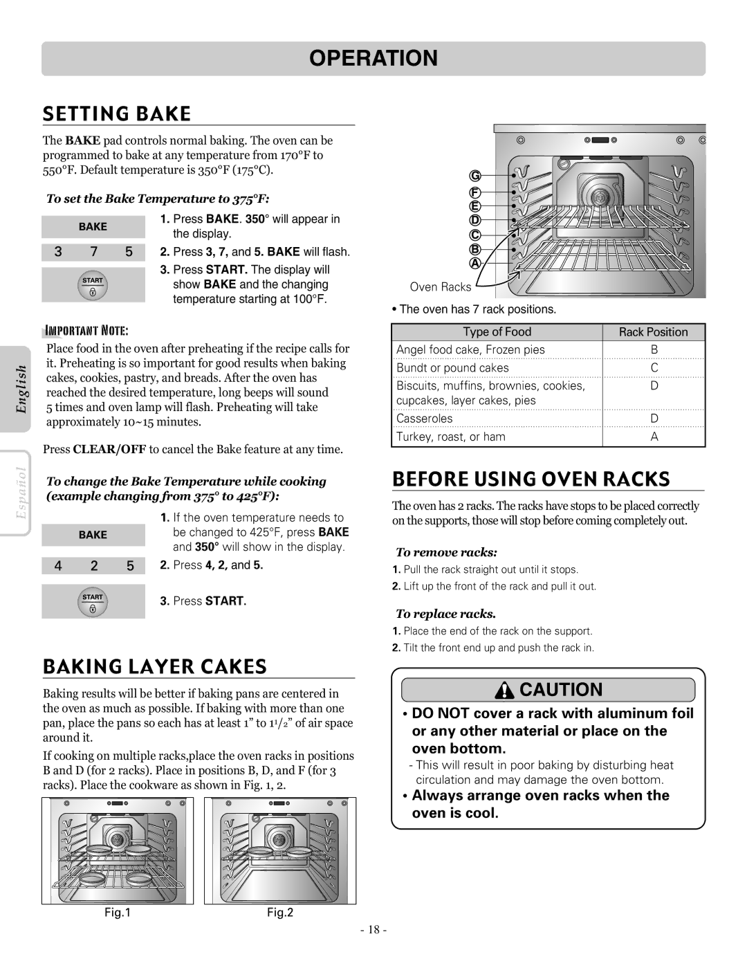 LG Electronics LRE30453SW, LRE30453ST, LRE30453SB owner manual Setting Bake, Baking Layer Cakes, Before Using Oven Racks 