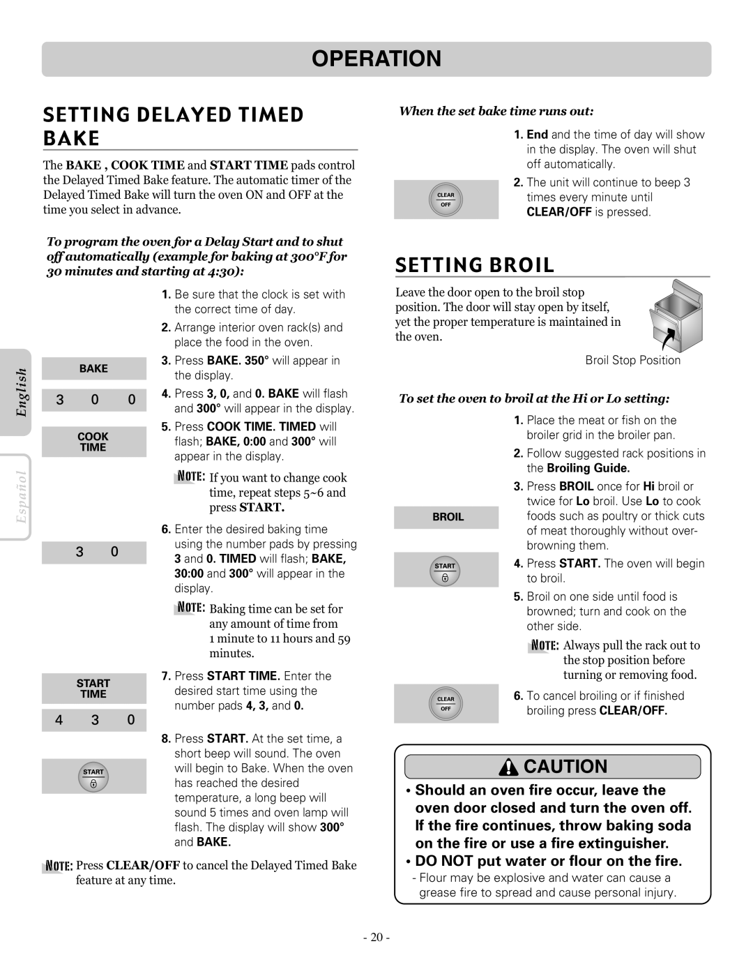 LG Electronics LRE30453SB, LRE30453SW, LRE30453ST Setting Delayed Timed Bake, Setting Broil, Minutes and starting at 