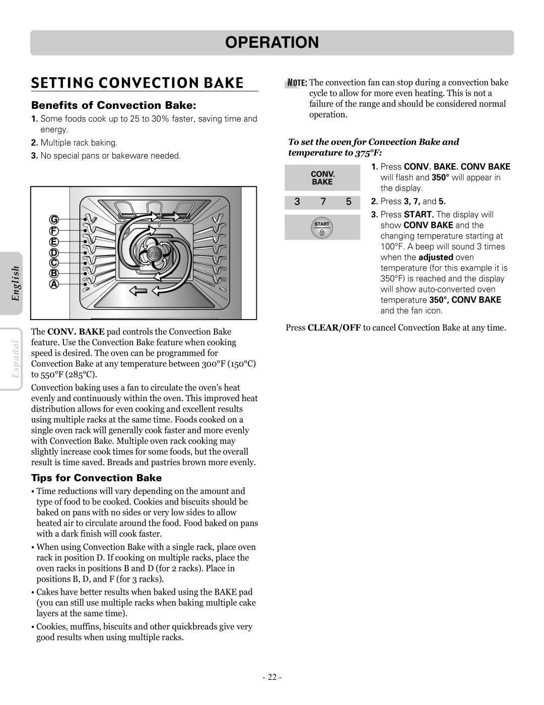 LG Electronics LRE30453ST Setting Convection Bake, Benefits of Convection Bake, Press CONV. BAKE. Conv Bake, Press 3, 7 