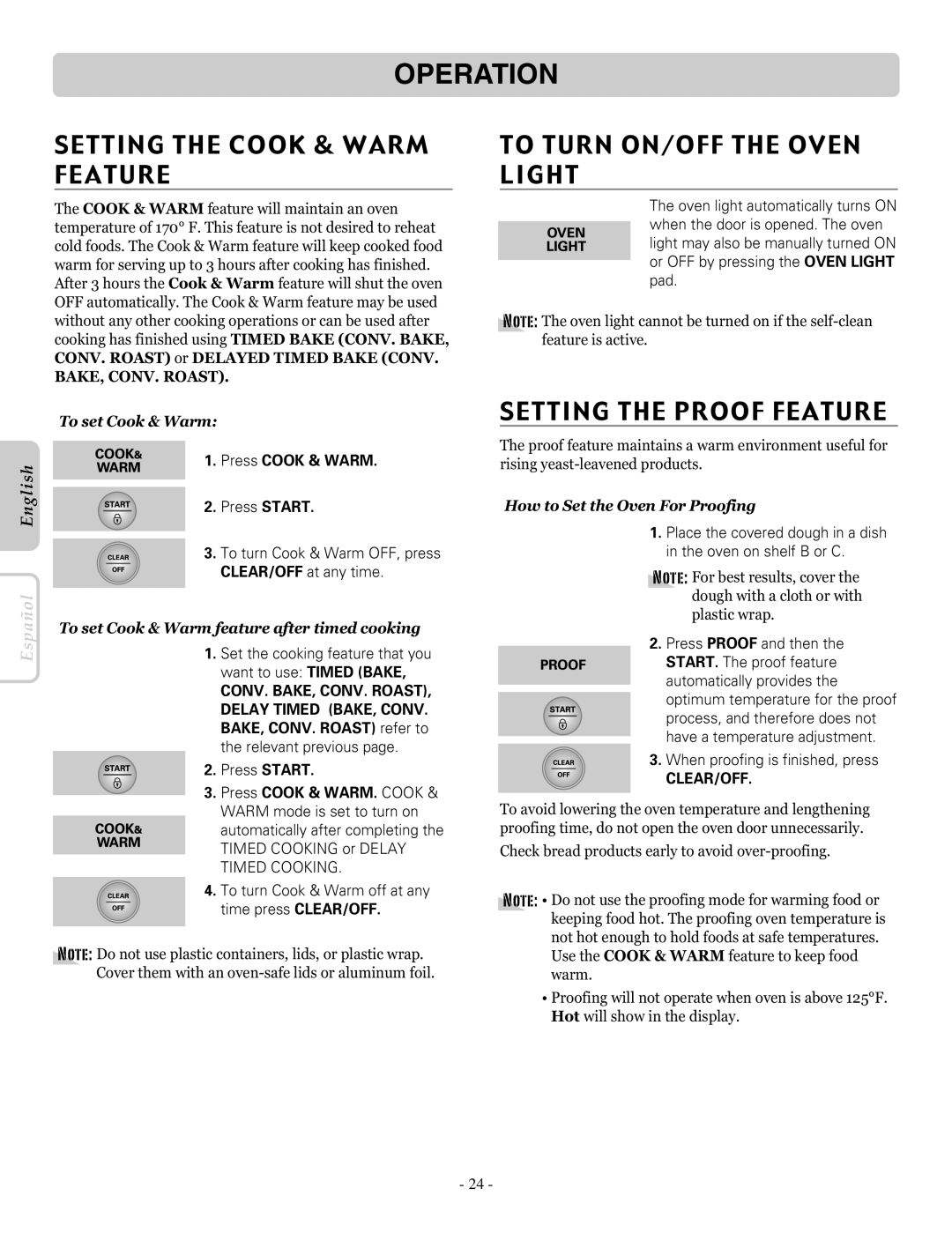 LG Electronics LRE30453SW Setting the Cook & Warm Feature, To Turn ON/OFF the Oven Light, Setting the Proof Feature 