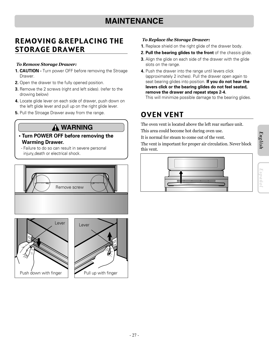 LG Electronics LRE30453SW Maintenance, Removing &REPLACING the Storage Drawer, Oven Vent, To Remove Storage Drawer 