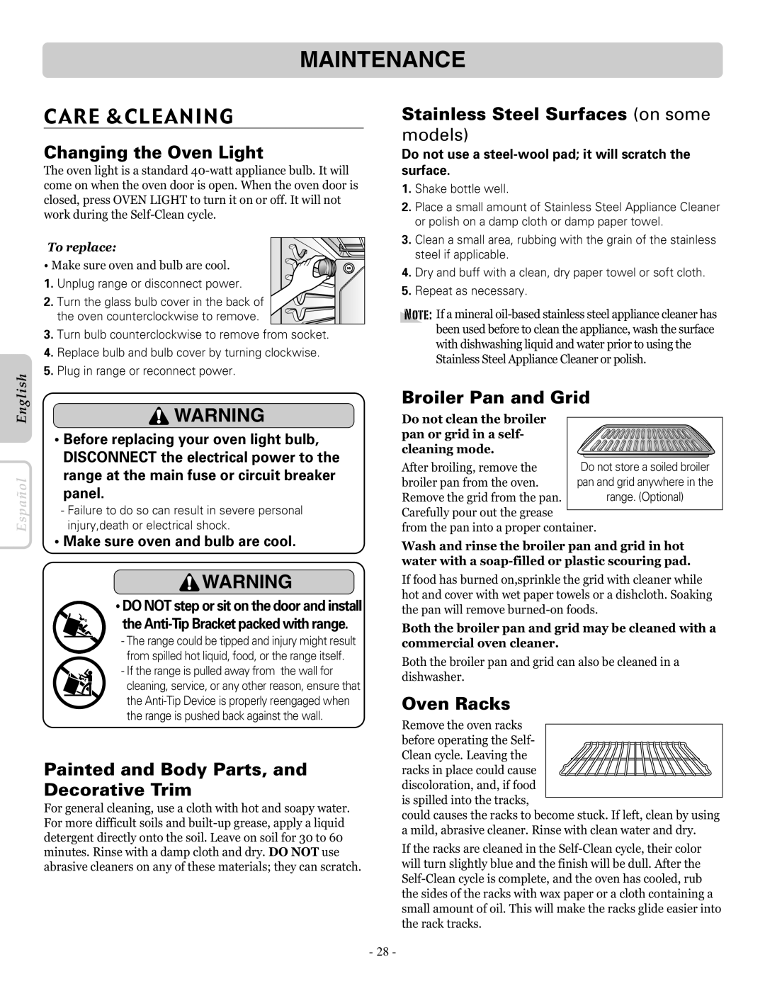 LG Electronics LRE30453ST, LRE30453SW, LRE30453SB owner manual Care &CLEANING 