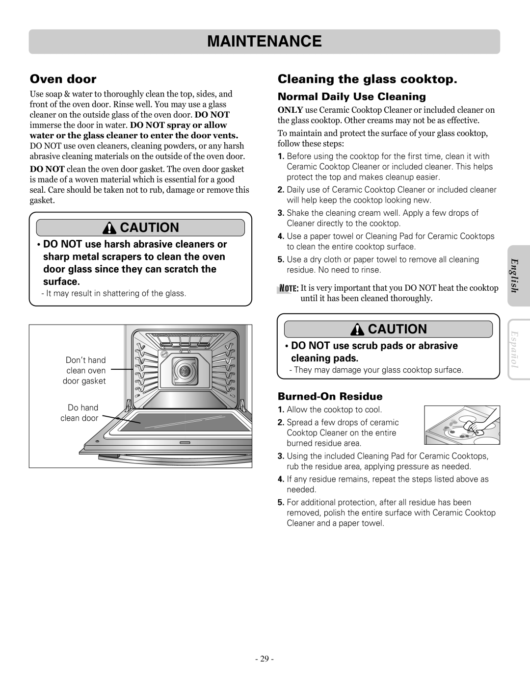 LG Electronics LRE30453SB, LRE30453SW Oven door, Cleaning the glass cooktop, Normal Daily Use Cleaning, Burned-On Residue 