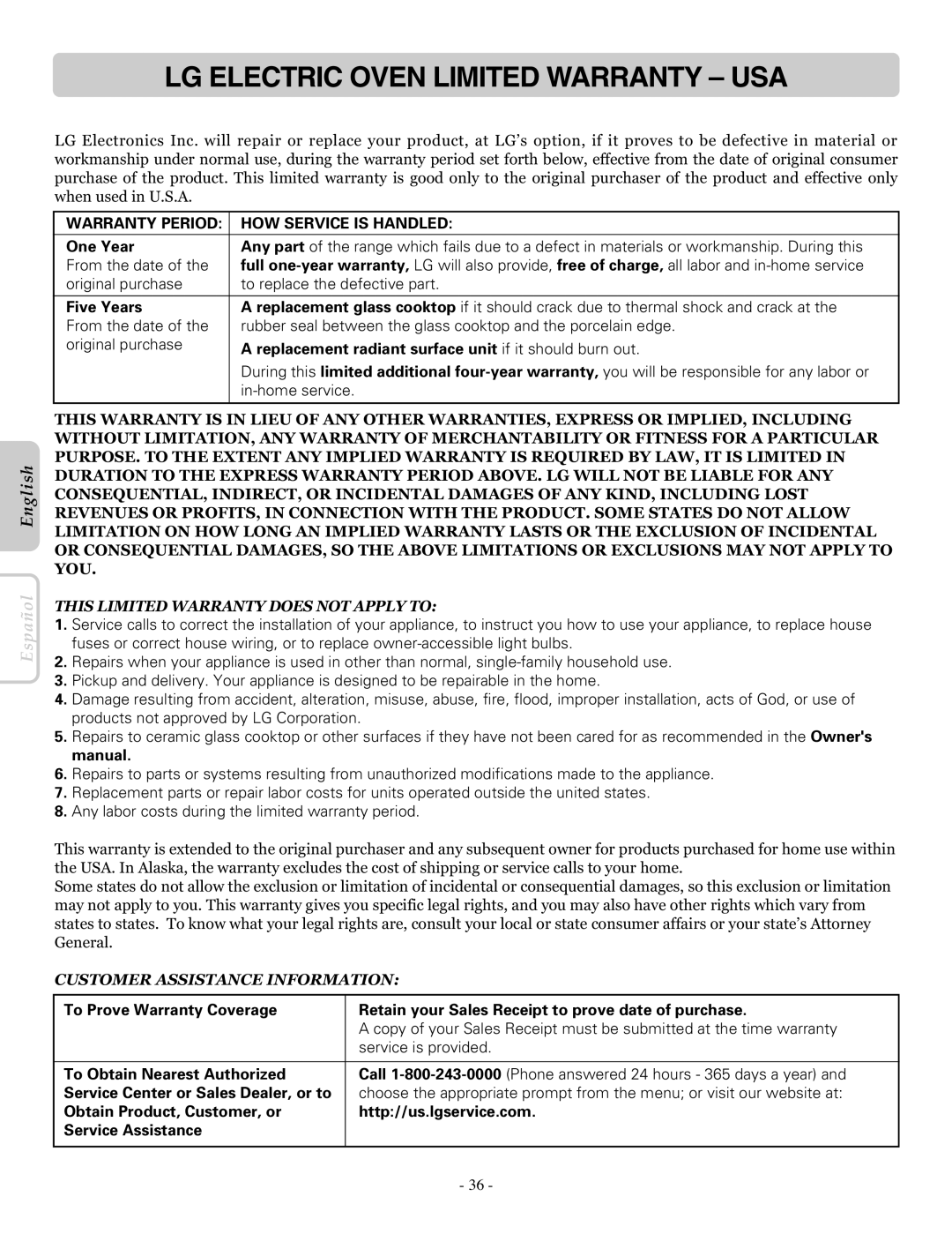 LG Electronics LRE30453SW, LRE30453ST, LRE30453SB owner manual LG Electric Oven Limited Warranty USA, One Year, Five Years 