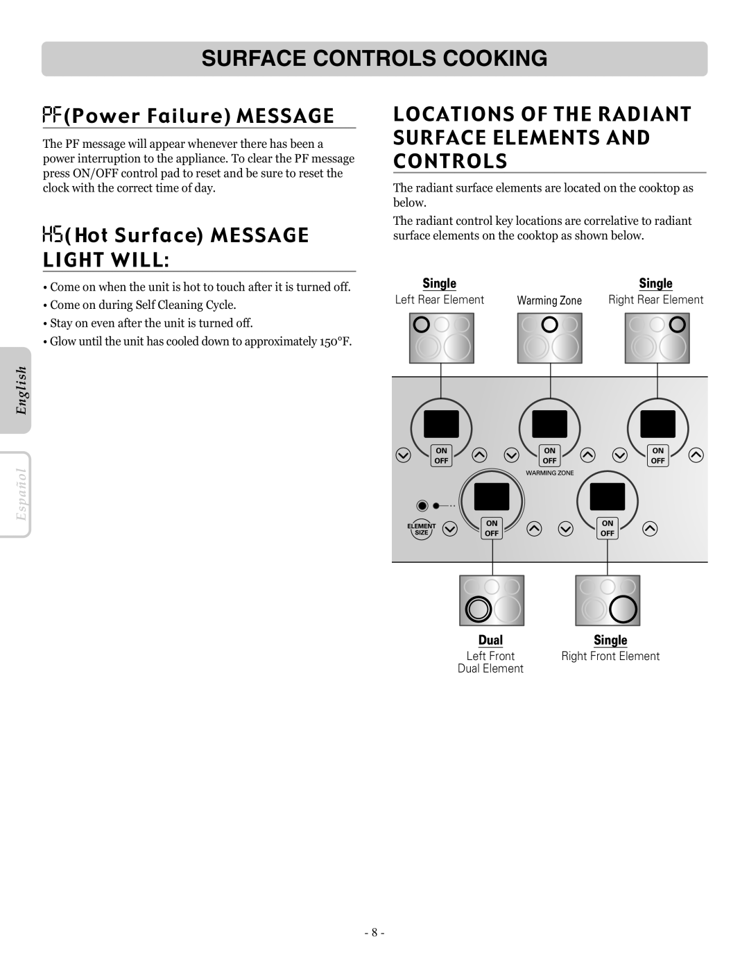 LG Electronics LRE30453SB, LRE30453SW Surface Controls Cooking, Locations of the Radiant Surface Elements and Controls 