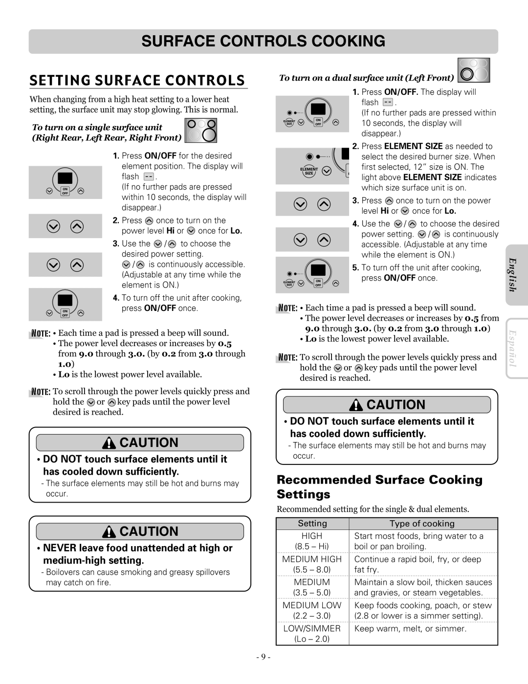 LG Electronics LRE30453SW, LRE30453ST, LRE30453SB owner manual Setting Surface Controls, Recommended Surface Cooking Settings 