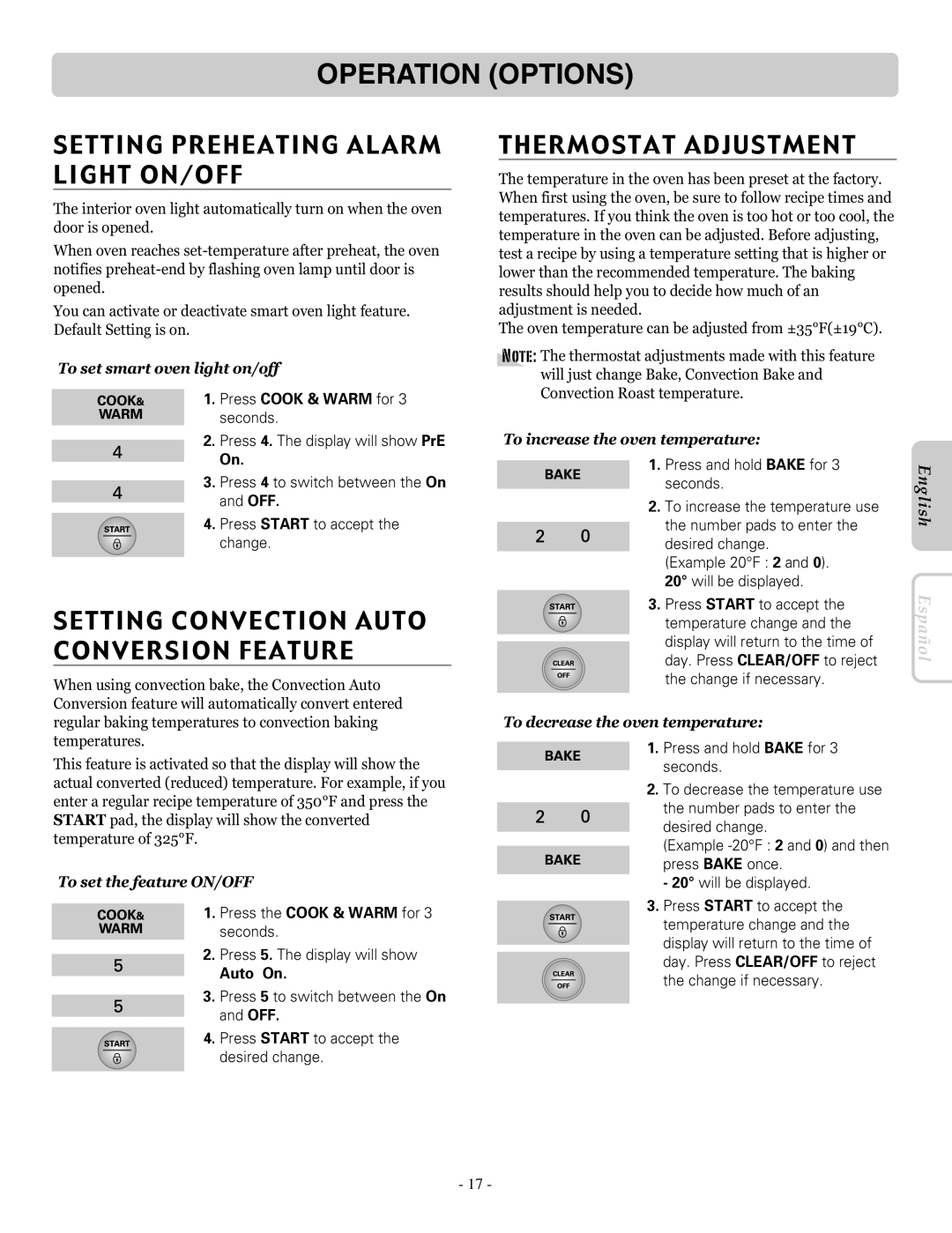 LG Electronics LRE30453SB Setting Preheating Alarm Light On/Off, Setting Convection Auto Conversion Feature, Auto On 
