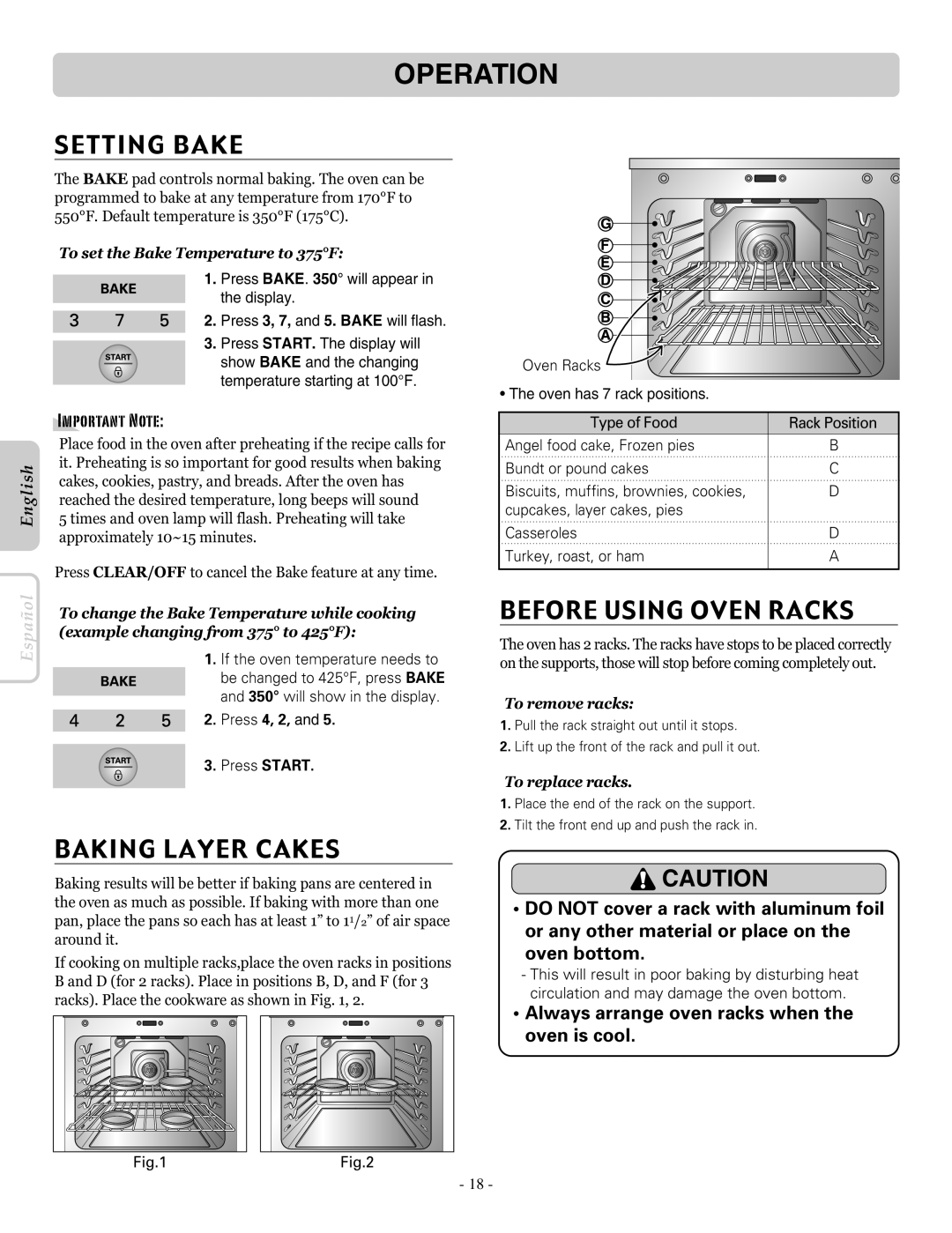 LG Electronics LRE30453SW Setting Bake, Baking Layer Cakes, Before Using Oven Racks, Important Note, oven bottom 
