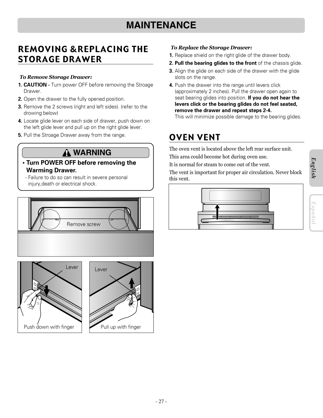 LG Electronics LRE30453SW Maintenance, Removing &Replacing The Storage Drawer, Oven Vent, To Remove Storage Drawer 