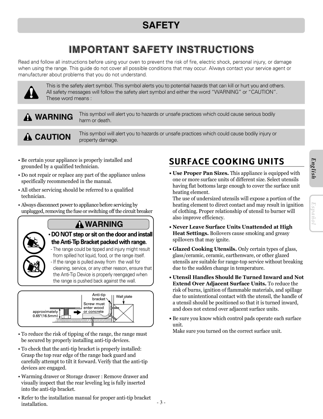 LG Electronics LRE30453SW, LRE30453ST Important Safety Instructions, Surface Cooking Units, English, Español 