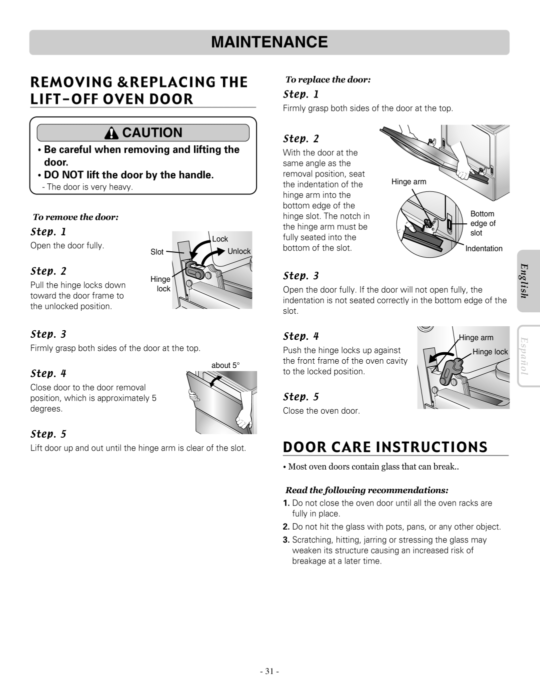 LG Electronics LRE30453ST Removing &Replacing The Lift-Off Oven Door, Door Care Instructions, To remove the door, Español 