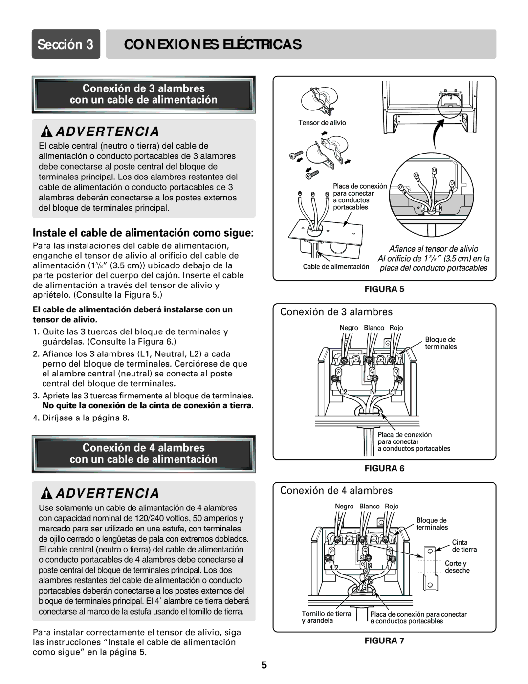 LG Electronics LRE30451S Conexión de 3 alambres Con un cable de alimentación, Instale el cable de alimentación como sigue 