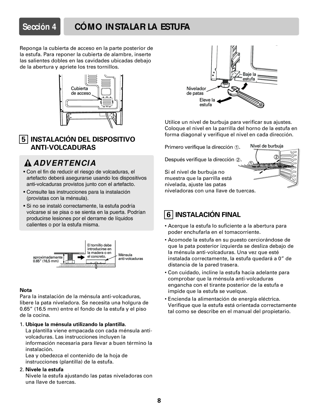 LG Electronics LRE30755S Sección 4 Cómo Instalar LA Estufa, Instalación DEL Dispositivo ANTI-VOLCADURAS, Instalación Final 